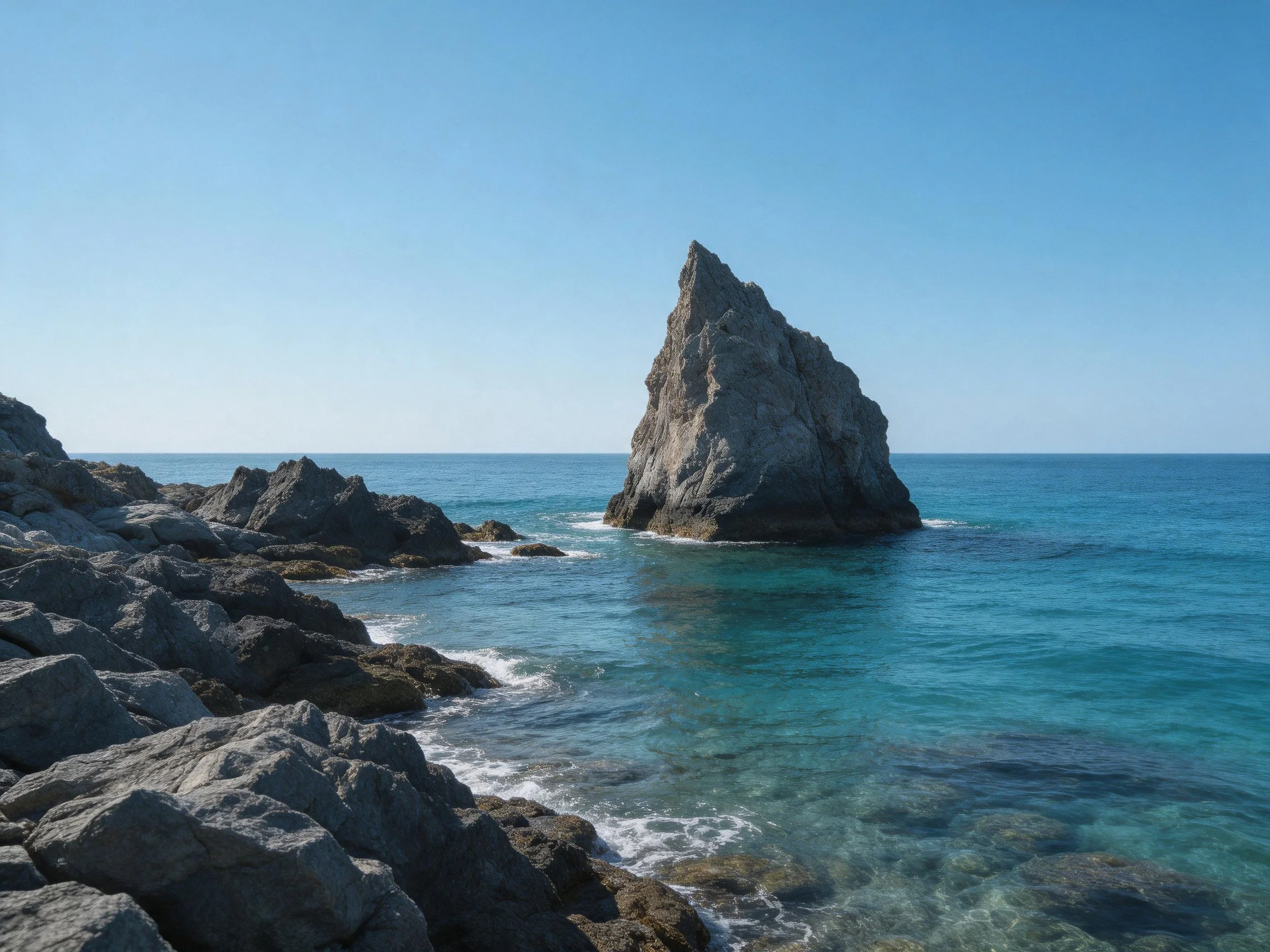 A towering rock formation rises from turquoise waters near a rocky shoreline
