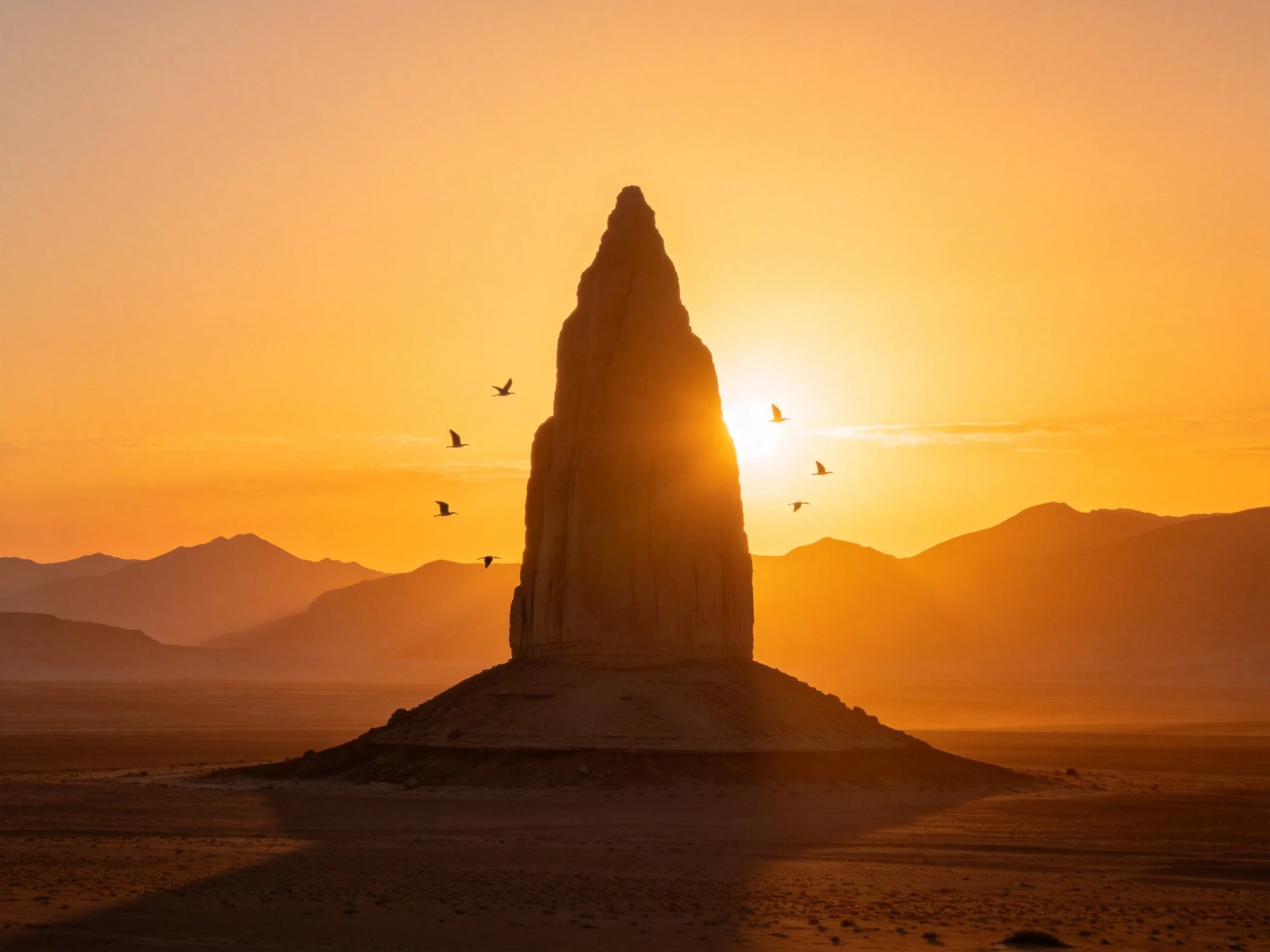 A towering rock formation stands in golden desert at sunset