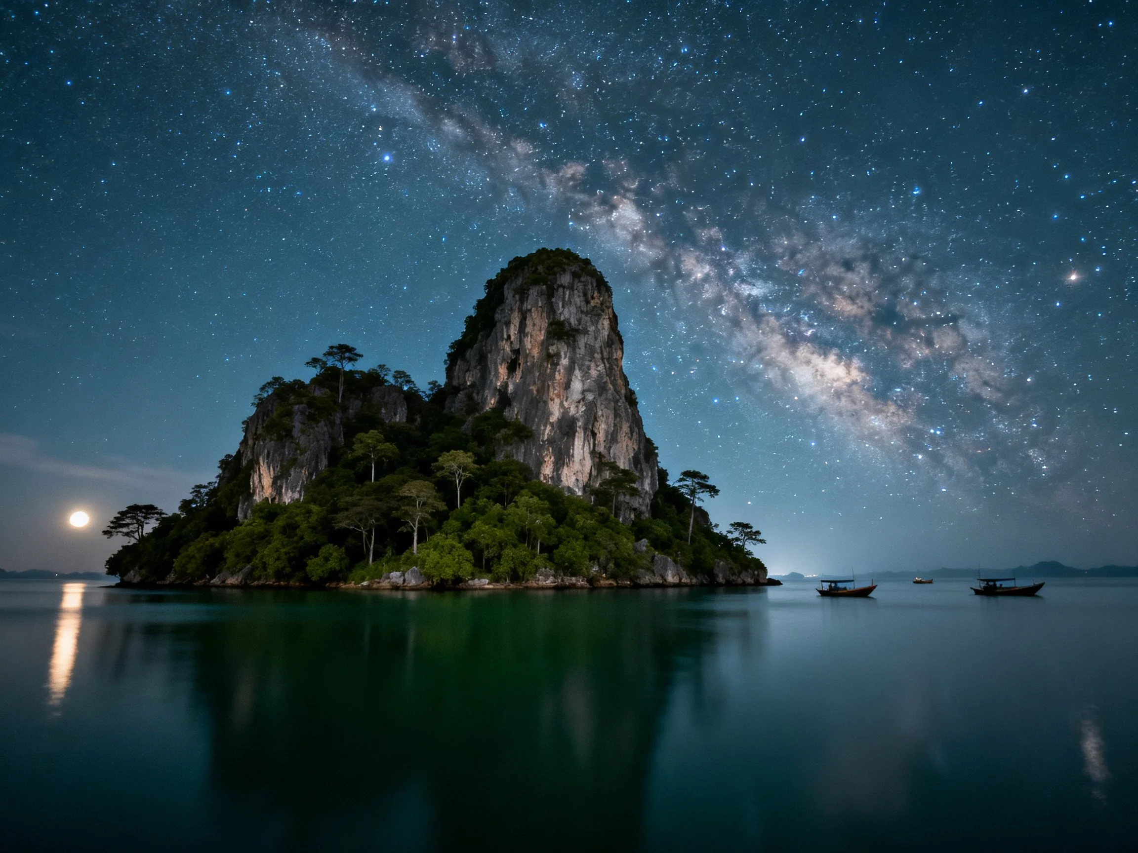 A towering rock island under starry night sky with calm waters