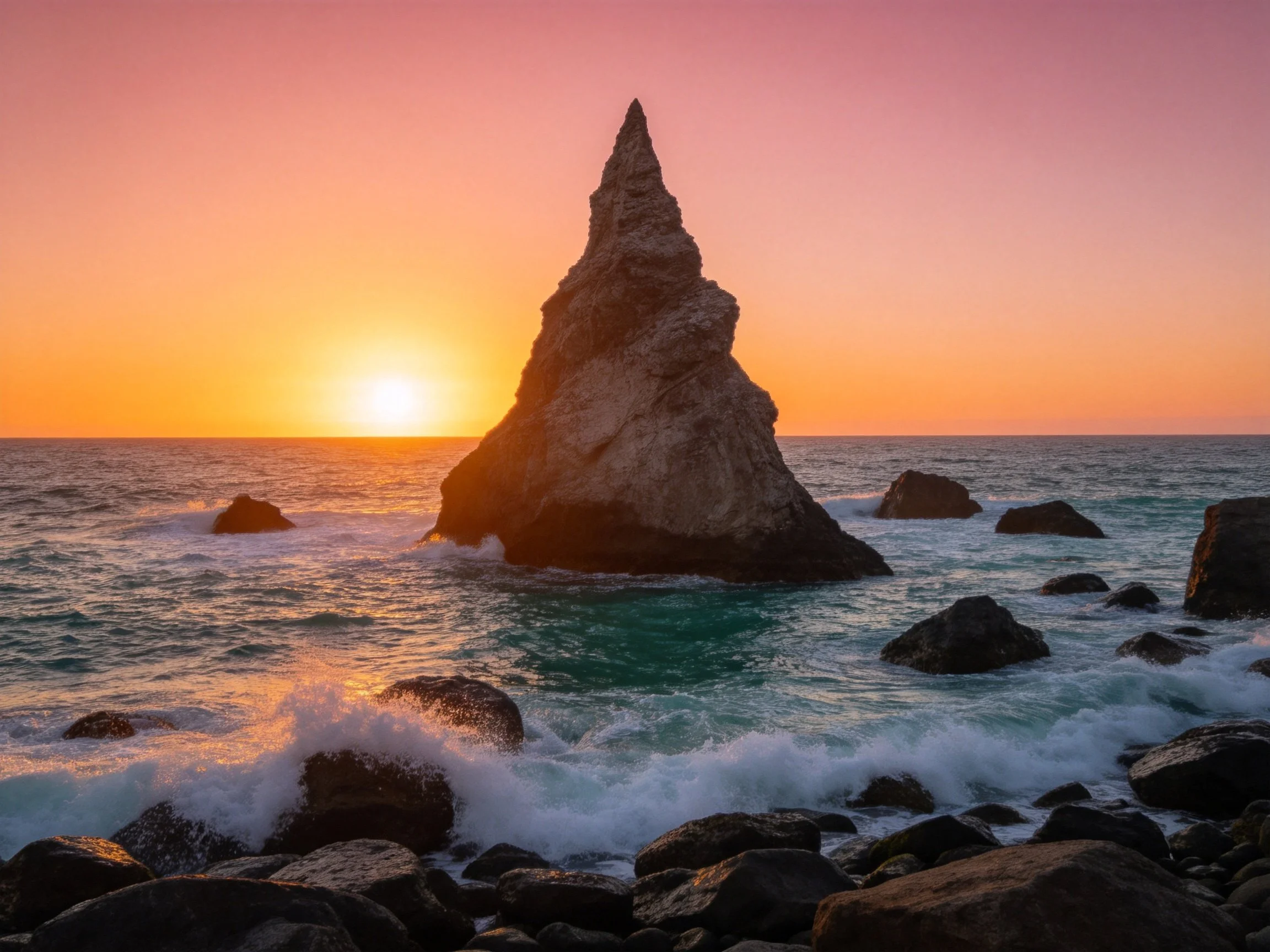 A towering rock structure by the sea under vibrant sunset