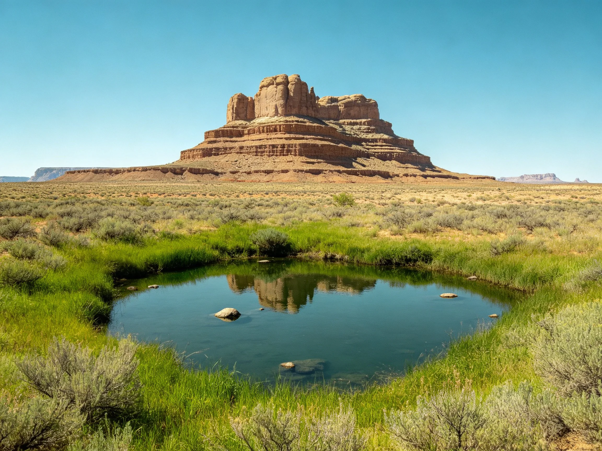 A towering sandstone butte overlooks a reflective water pool in a lush desert