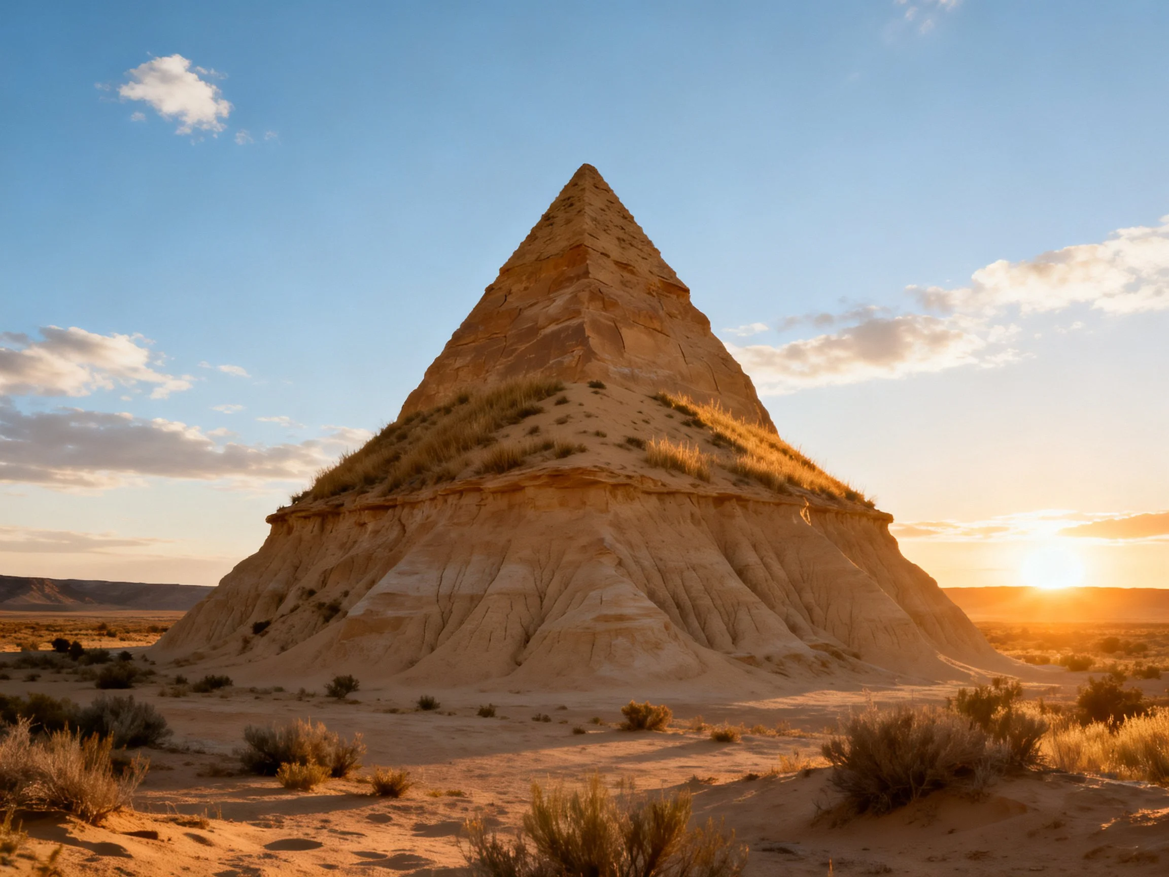 A towering sandstone pyramid stands in a sunlit desert landscape.