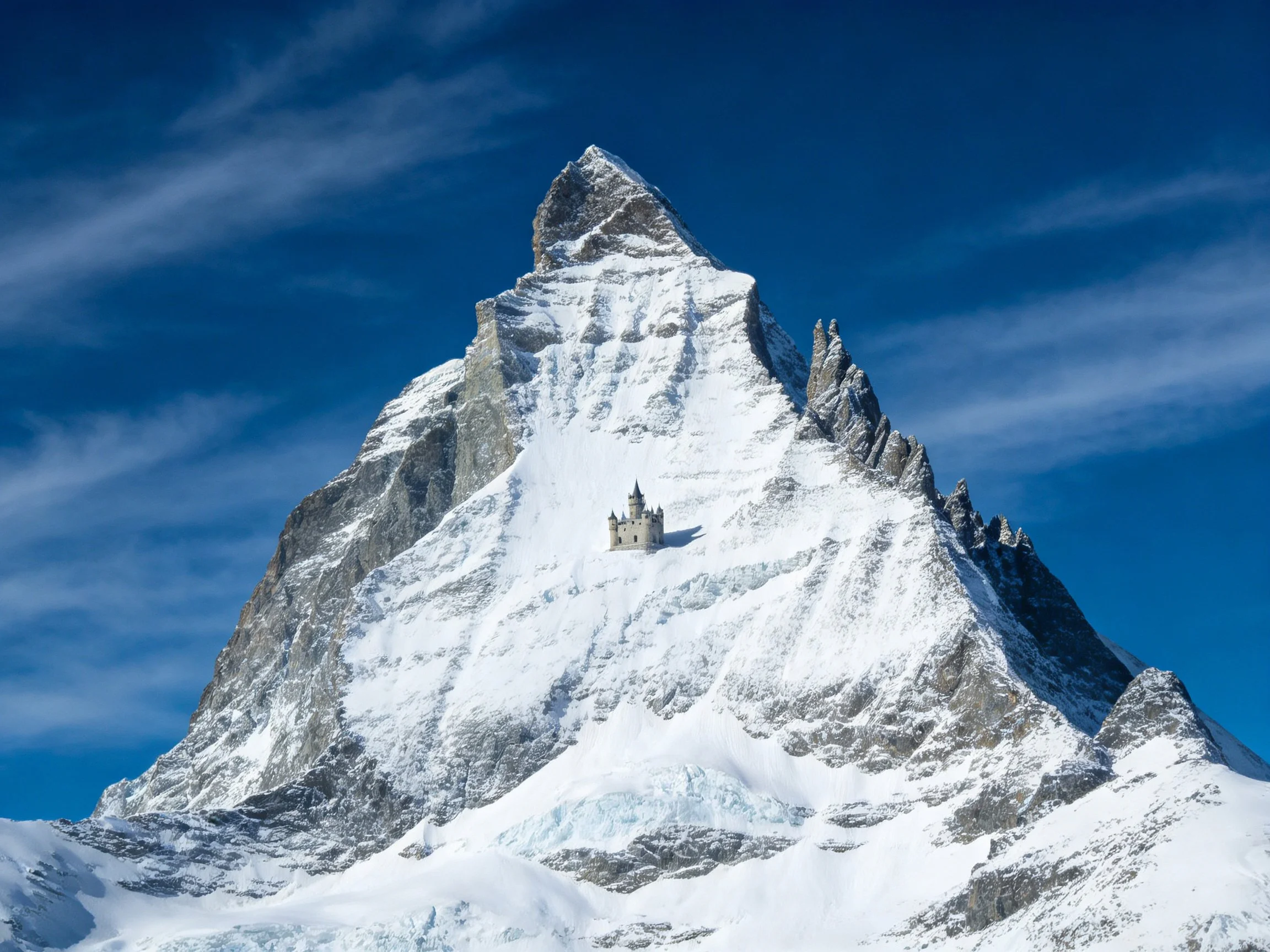 A towering snow - capped mountain with a small castle on its slope