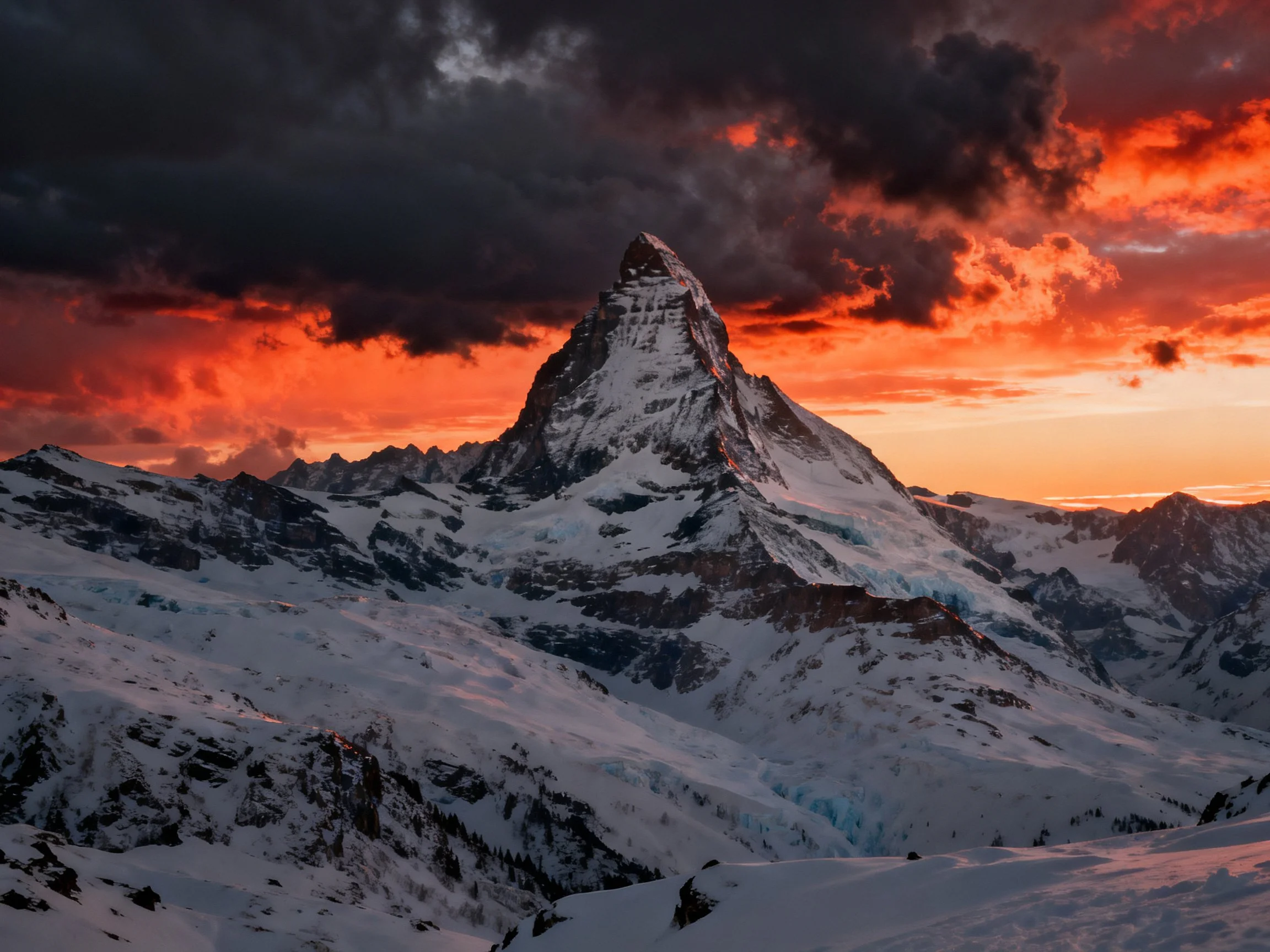 A towering snow-capped peak beneath fiery orange-red and dark stormy skies