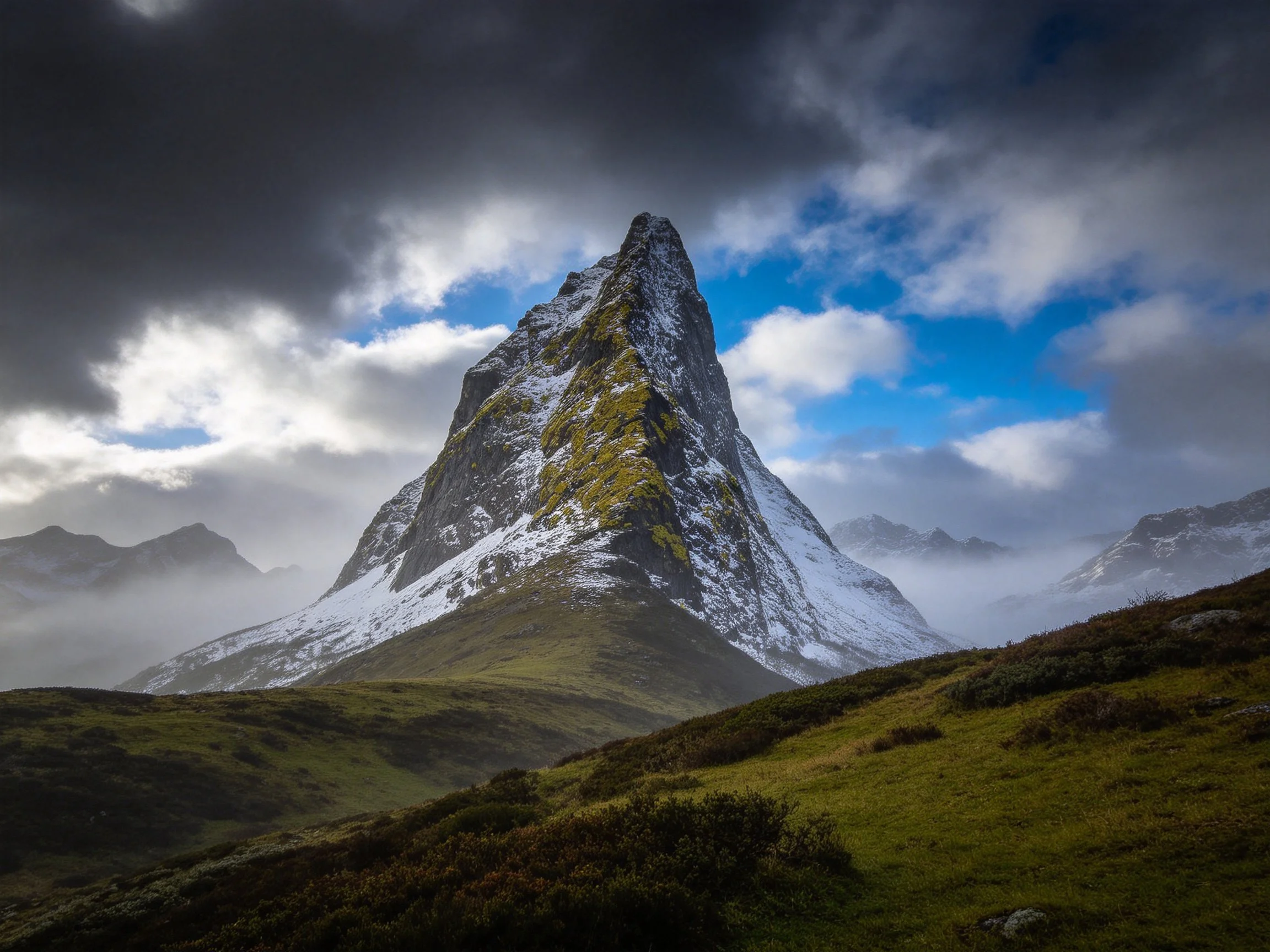 A towering snow-capped peak rises among lush green hills under dramatic cloudy skies