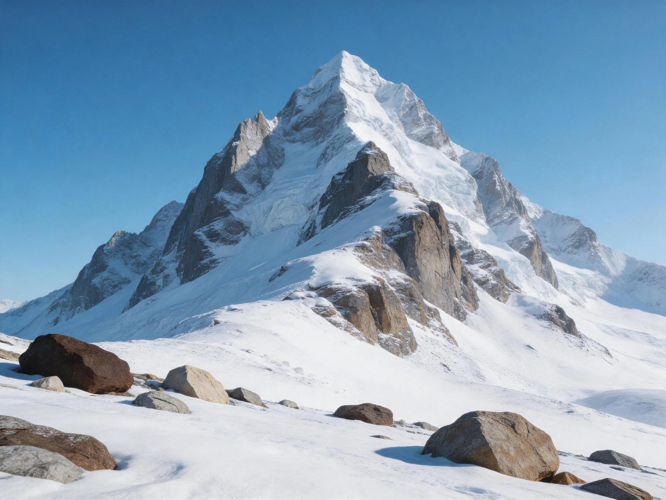 A towering snow-capped peak with scattered rocks under a clear blue sky