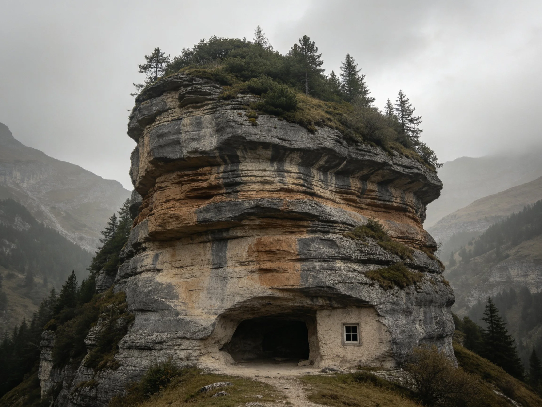 A towering stratified rock formation with a cave dwelling and evergreen trees