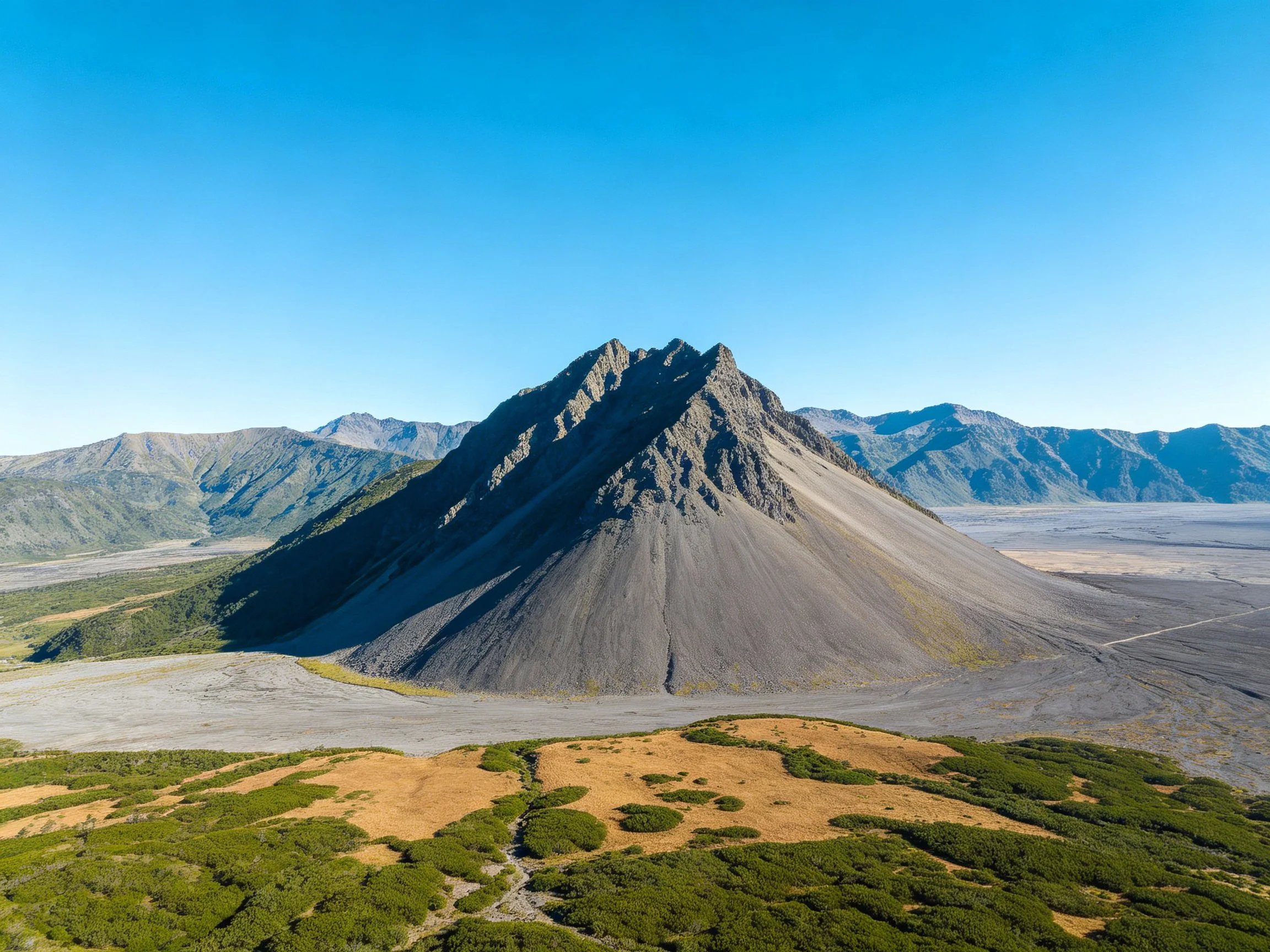 A towering volcanic cone with gray slopes amid green terrain and distant mountains