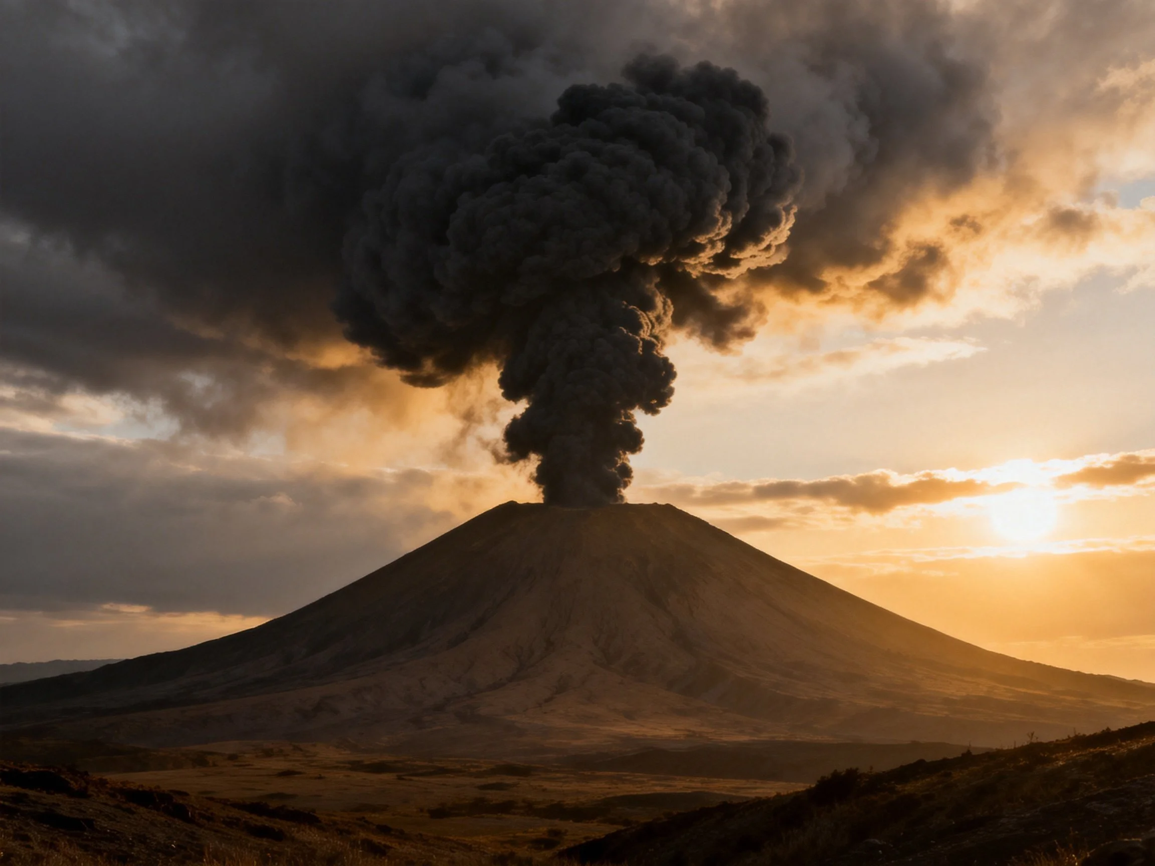 A towering volcano erupts with thick black smoke at sunset