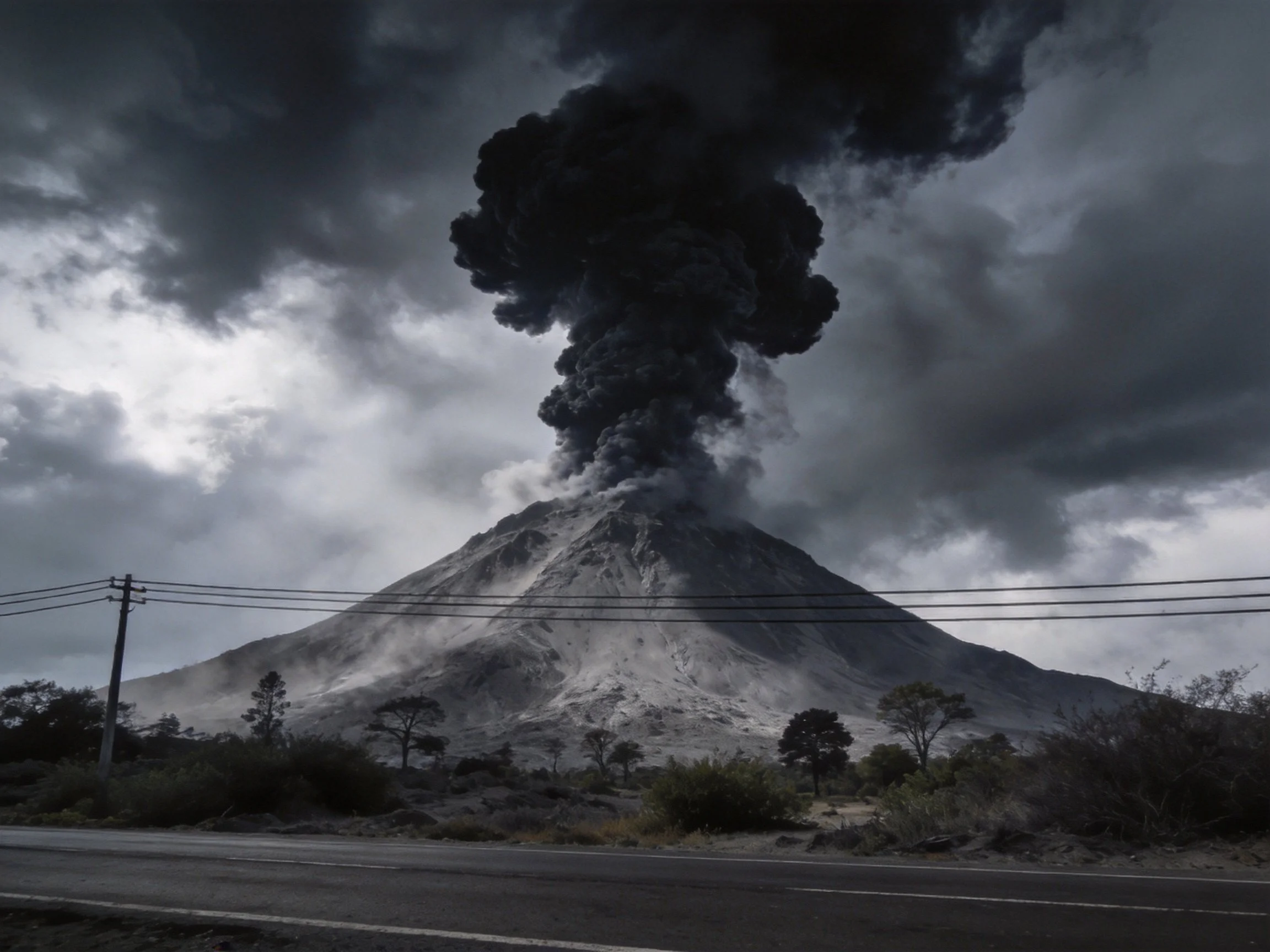 A towering volcano erupts with thick black smoke into stormy skies