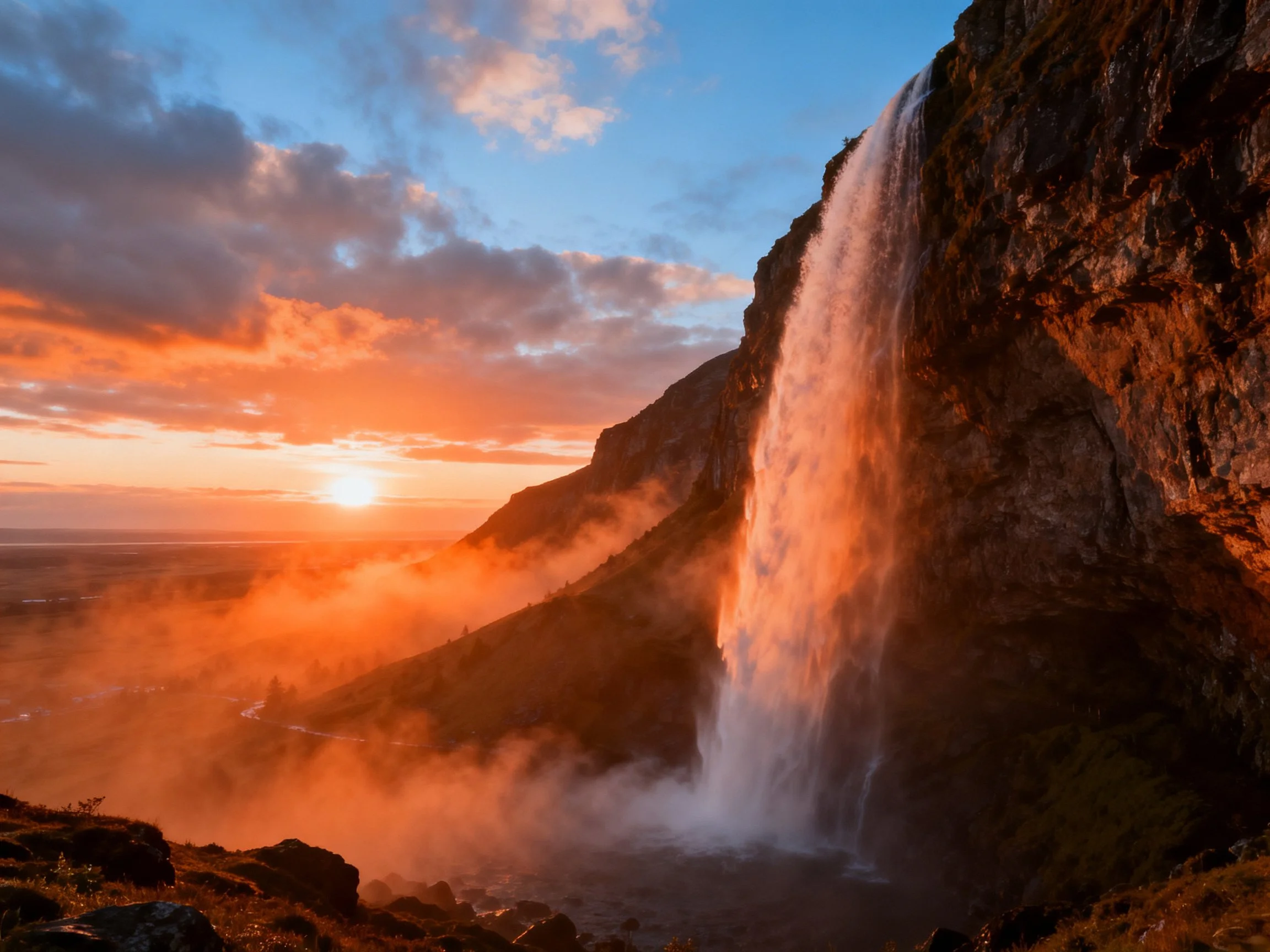 A towering waterfall cascades amid vibrant sunset hues and misty atmosphere