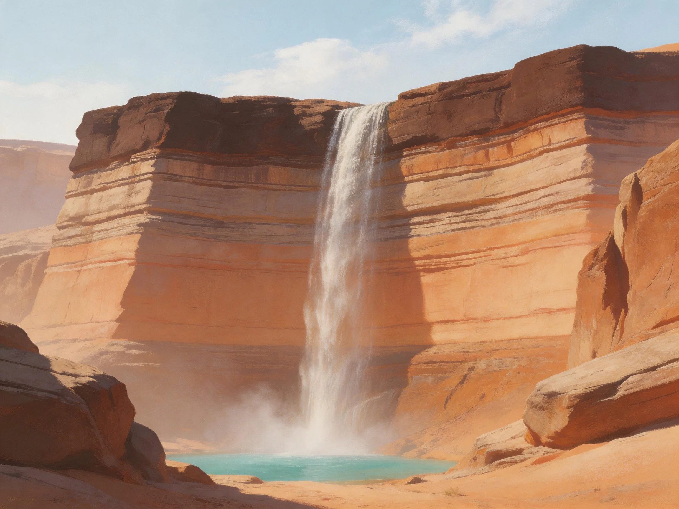 A towering waterfall cascades into turquoise pool amid layered sandstone cliffs