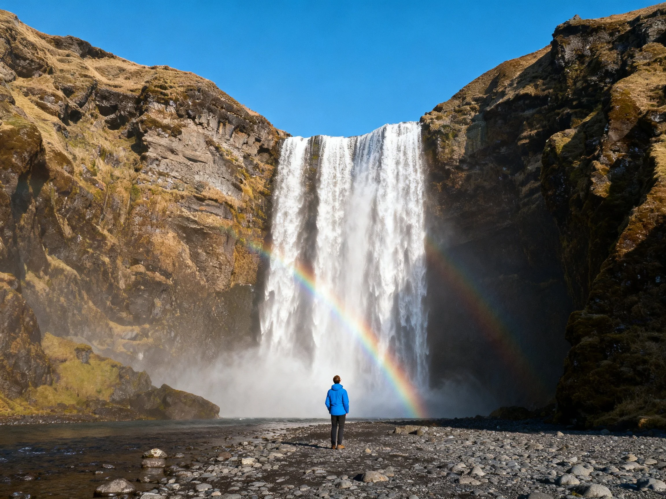 A towering waterfall with a rainbow, rocky cliffs, and a blue-clad visitor