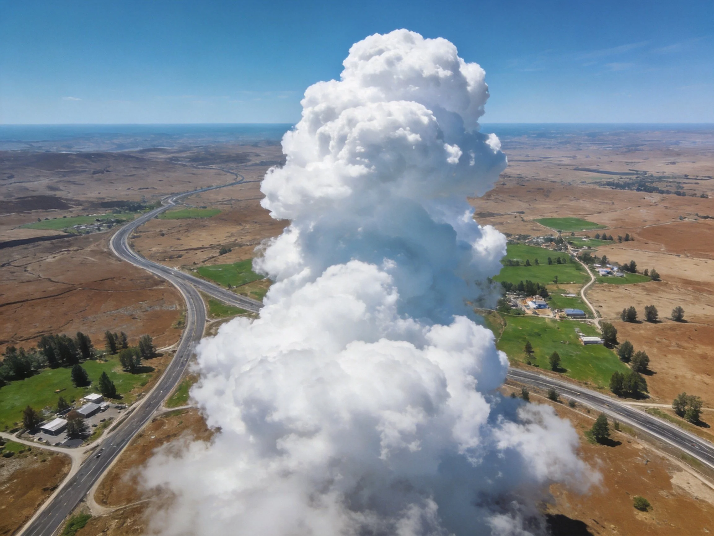 A towering white cloud dominates a rural landscape with roads and fields