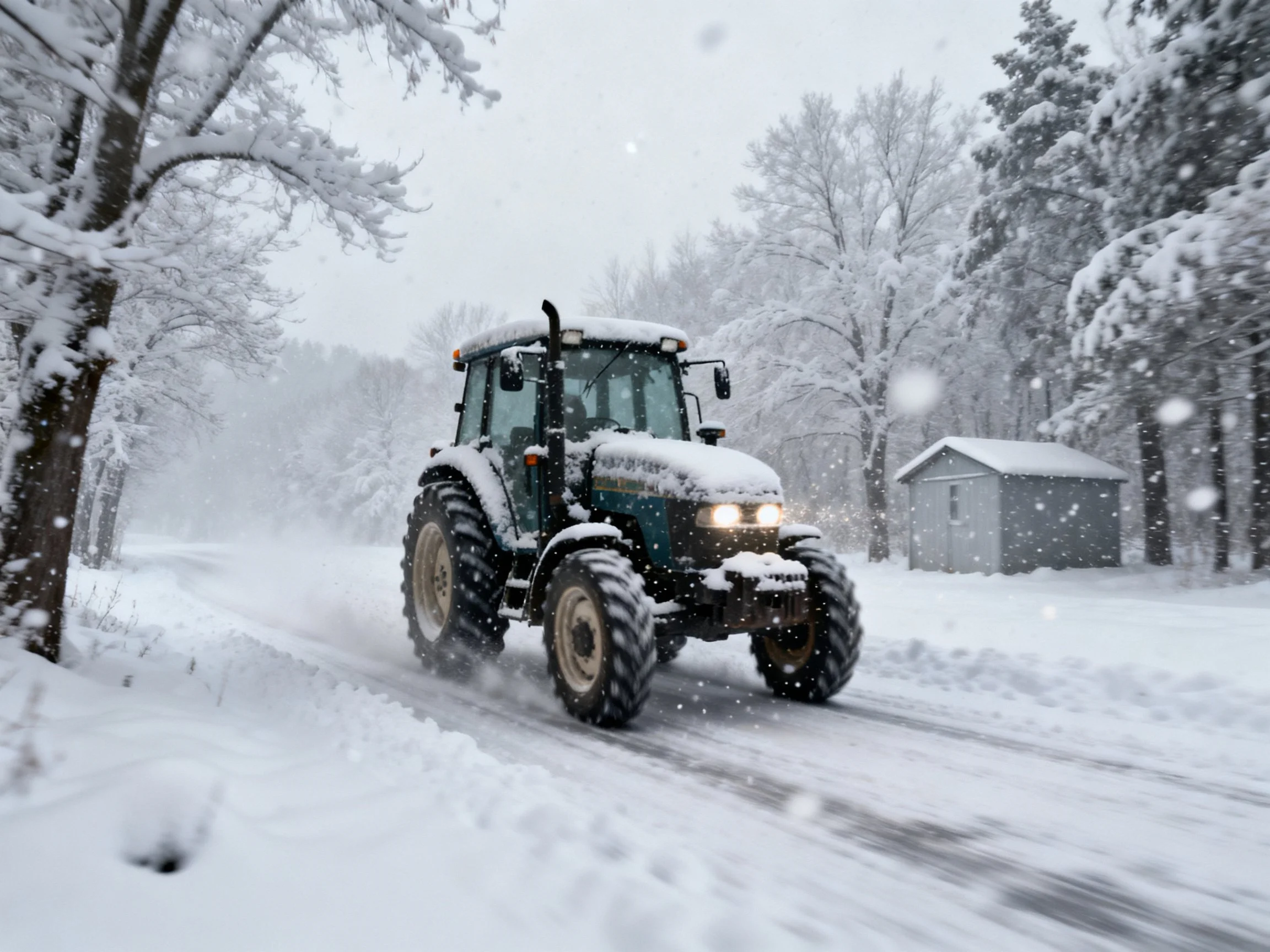 A tractor navigates a snow-laden road amid heavy winter snowfall