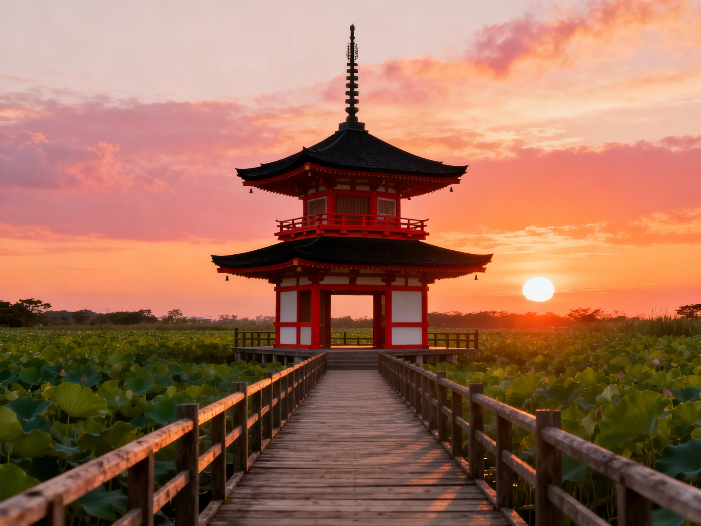 A traditional red pagoda on a wooden bridge over lotus fields at sunset