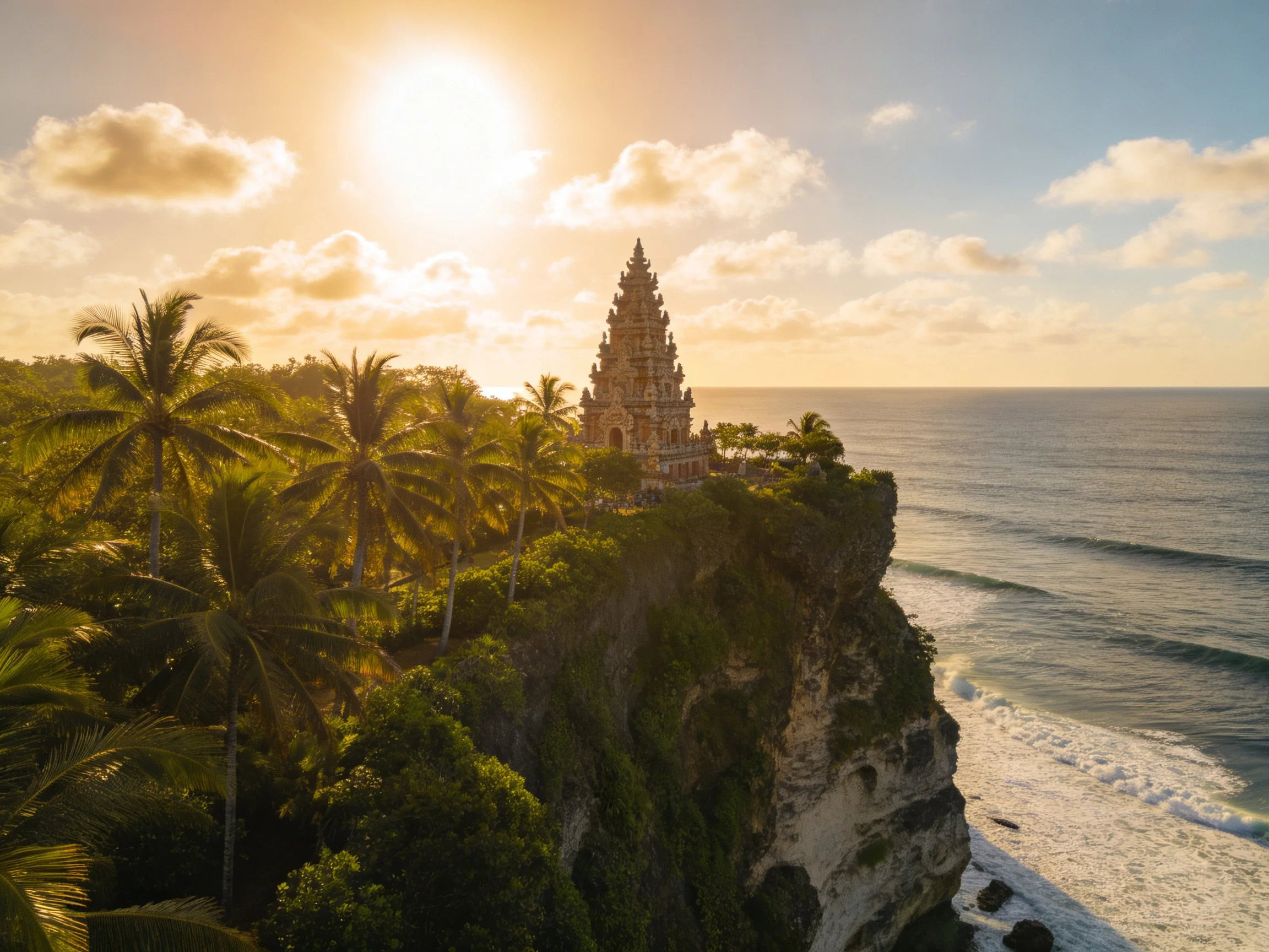 A traditional temple atop a lush cliffside overlooking the ocean