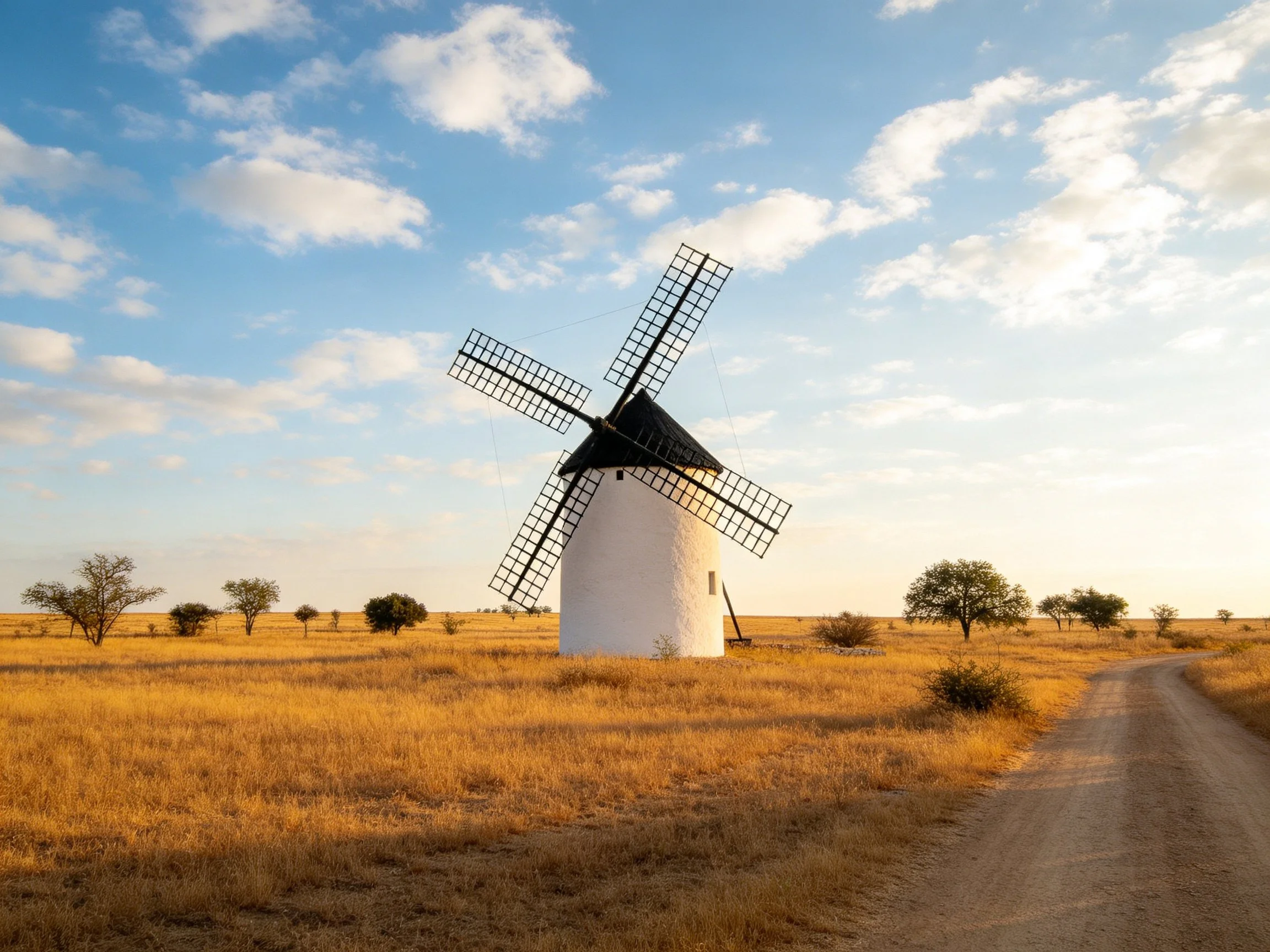 A traditional white windmill in golden fields under blue skies