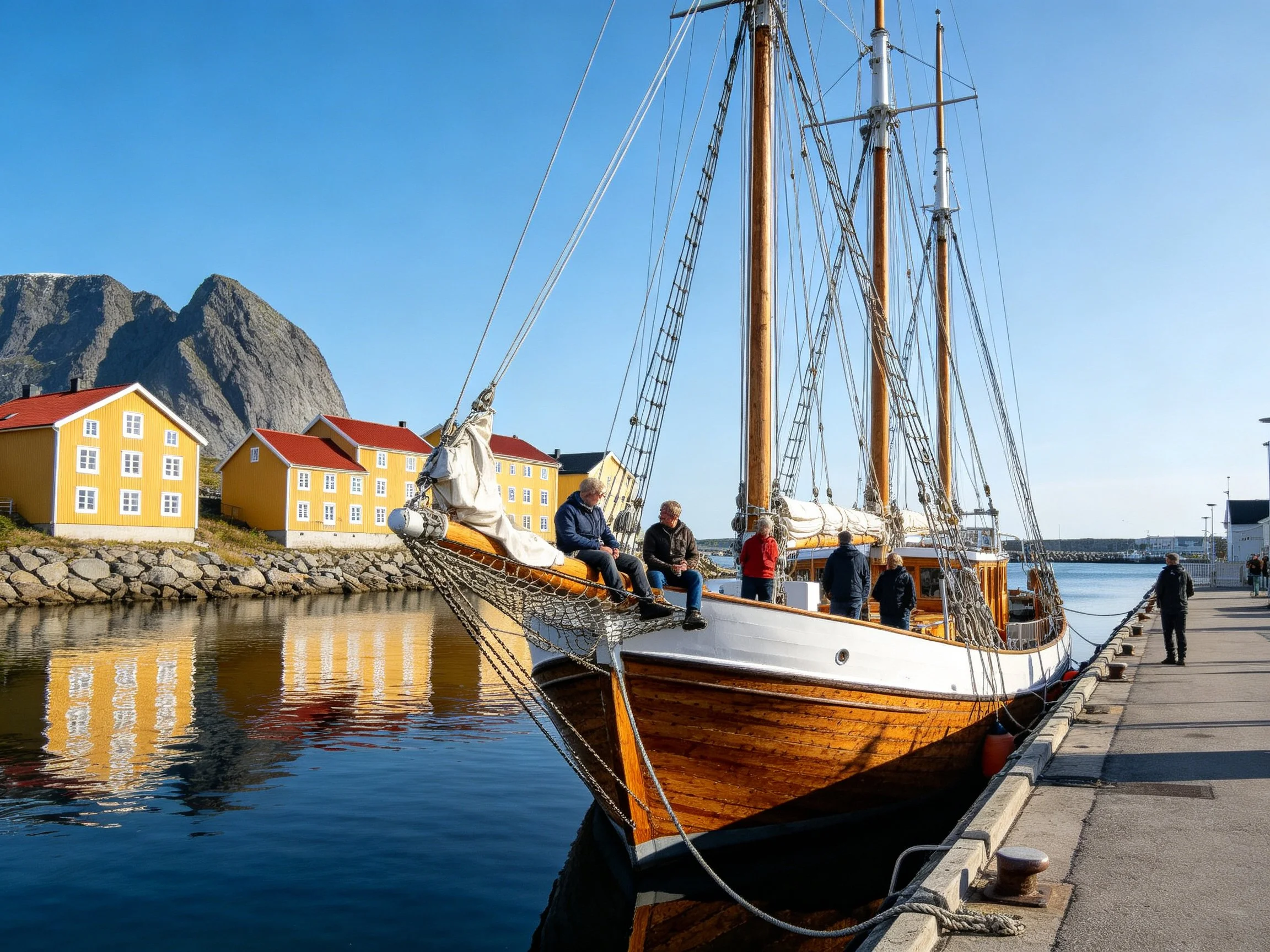 A traditional wooden sailboat docked beside bright yellow houses