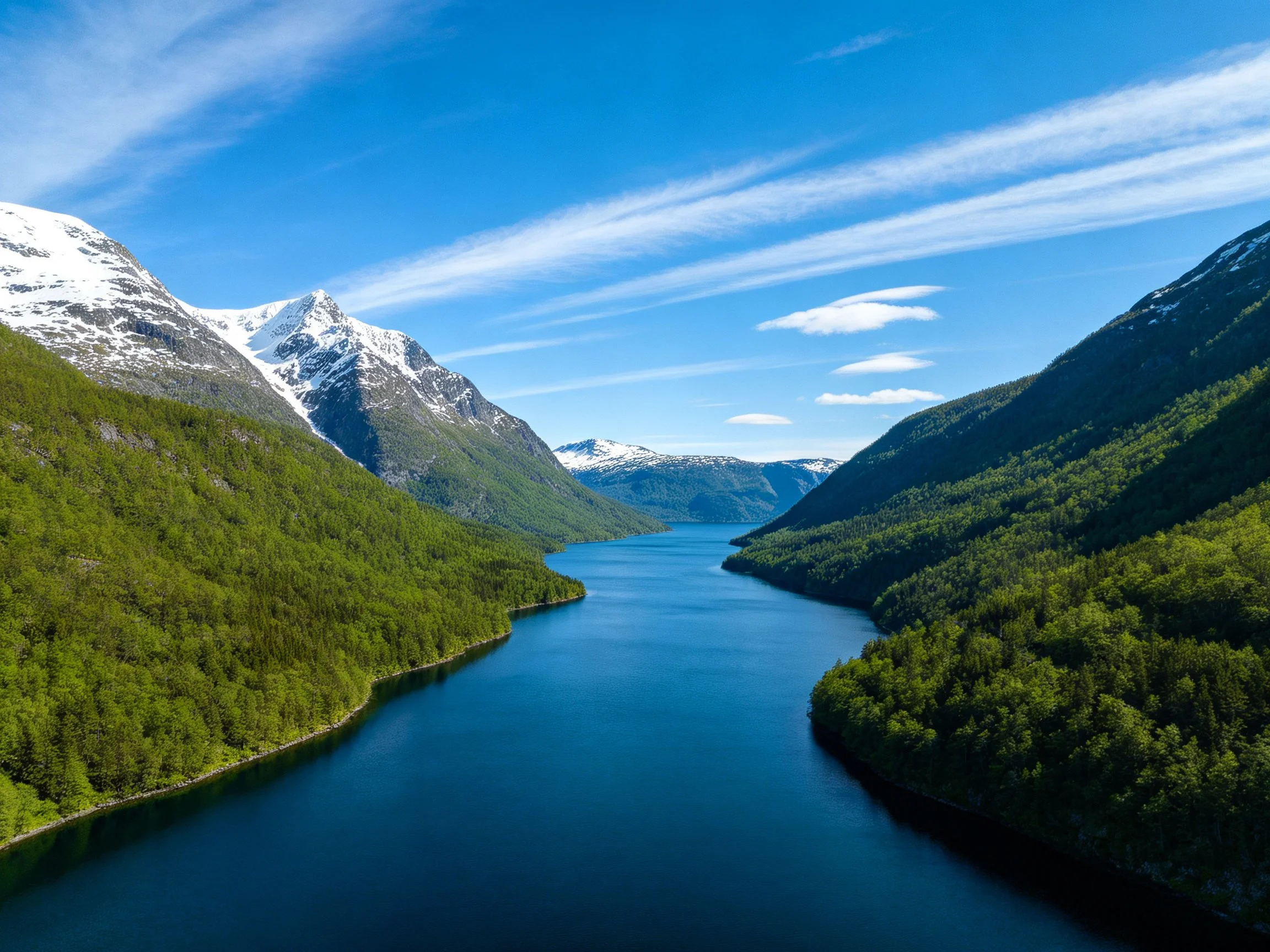 A tranquil fjord flanked by forest-covered mountains with snow-capped peaks