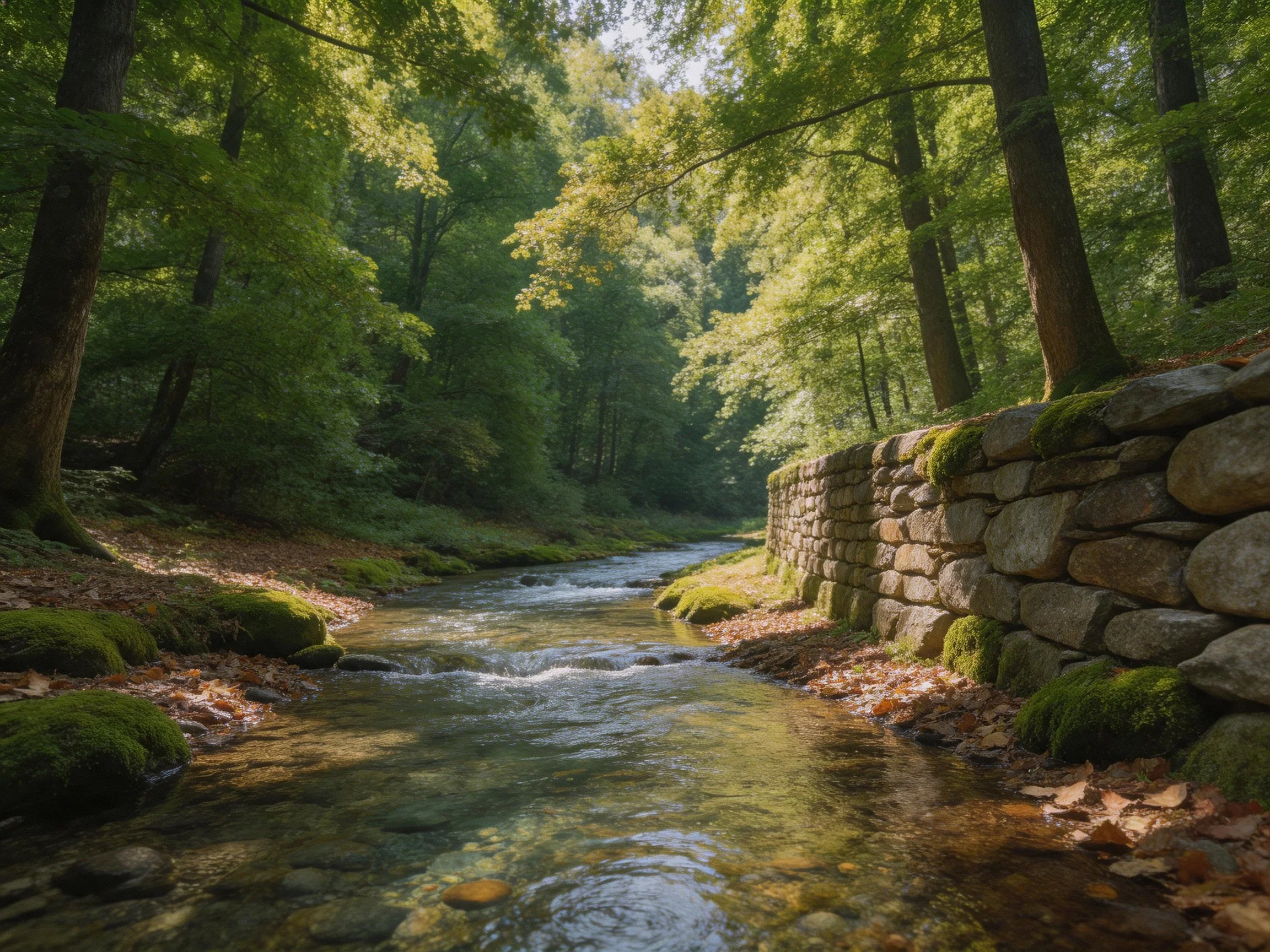 A tranquil forest stream runs alongside a moss-covered stone wall in dense woods.