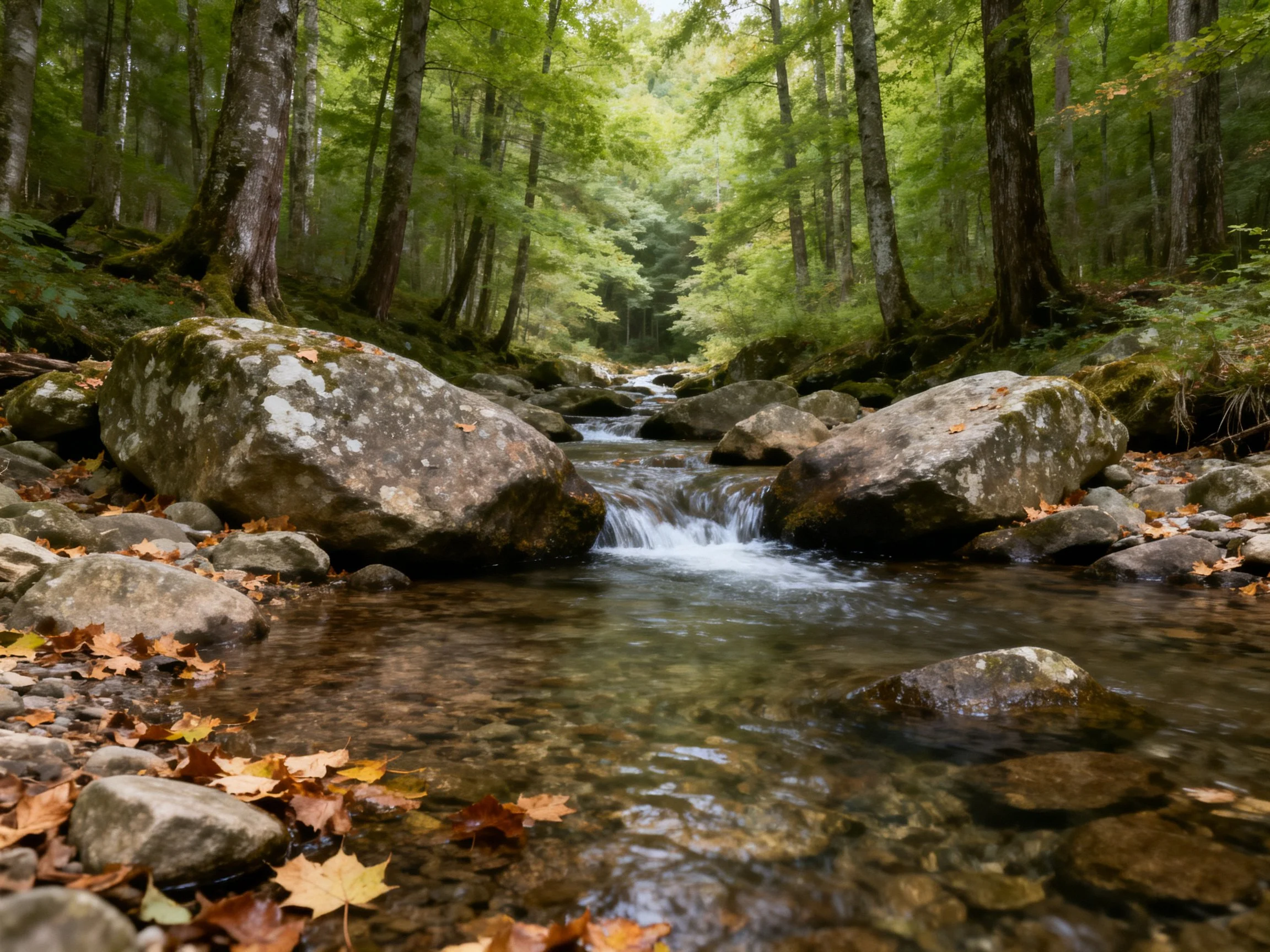 A tranquil forest stream with moss-covered rocks and autumn foliage