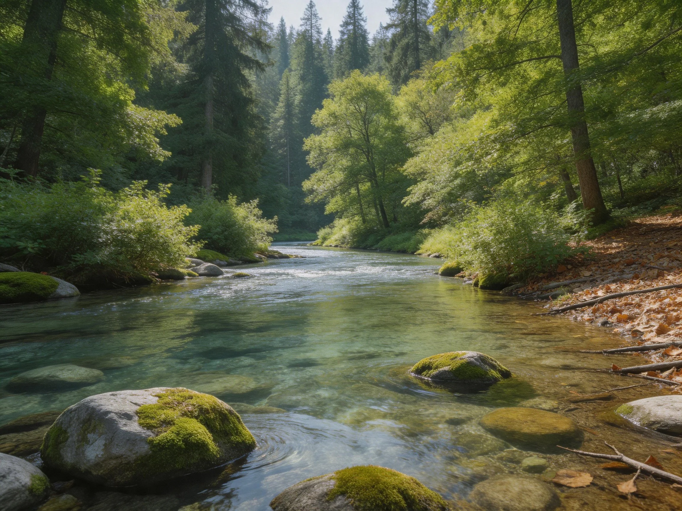 A tranquil forest stream with mossy rocks and lush greenery