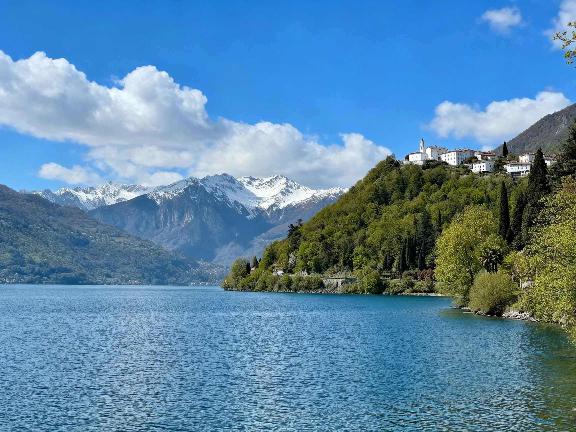 A tranquil lake bordered by lush green hills and snow-capped mountains