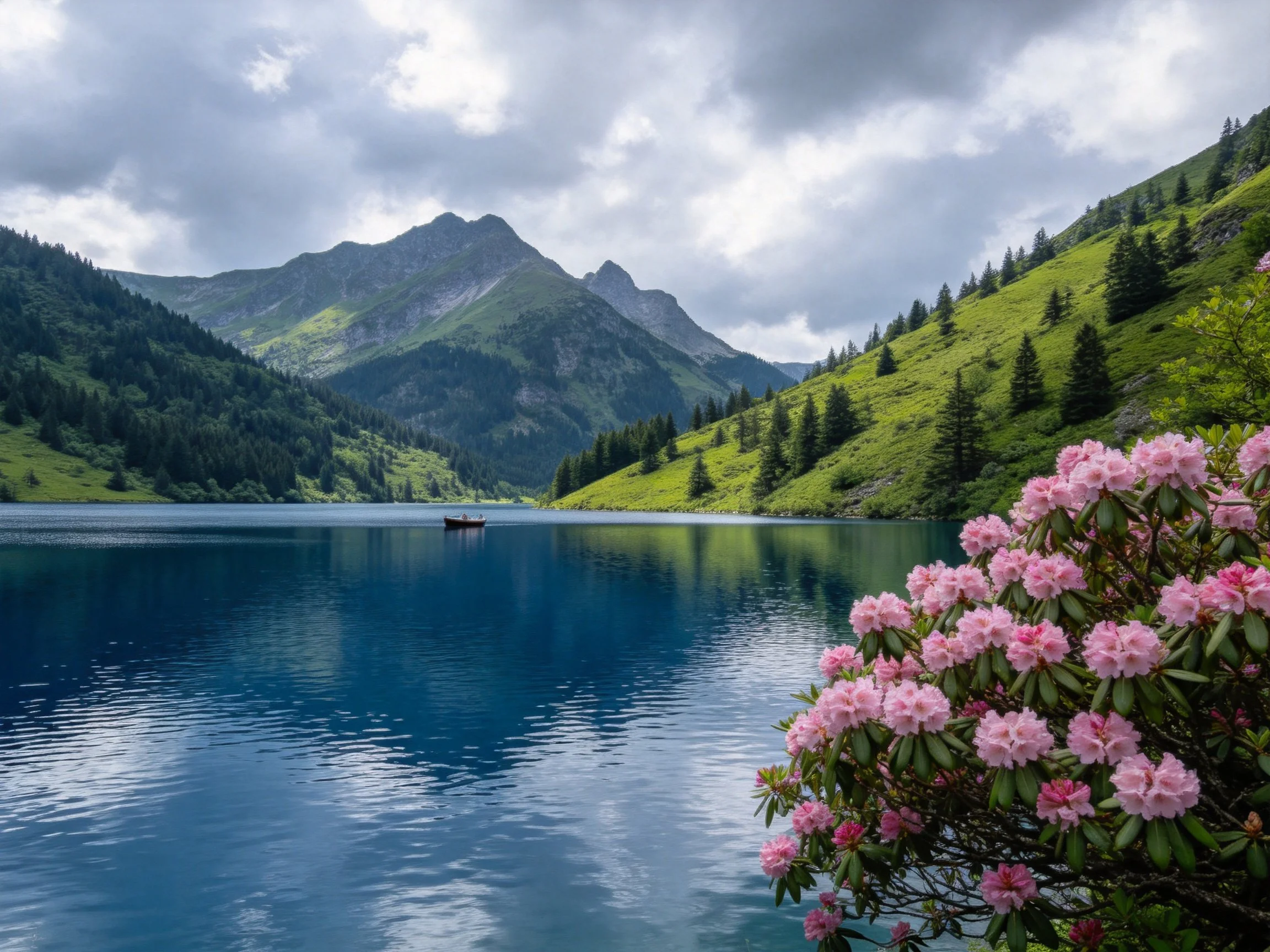 A tranquil lake bordered by lush green mountains and vibrant pink flowers