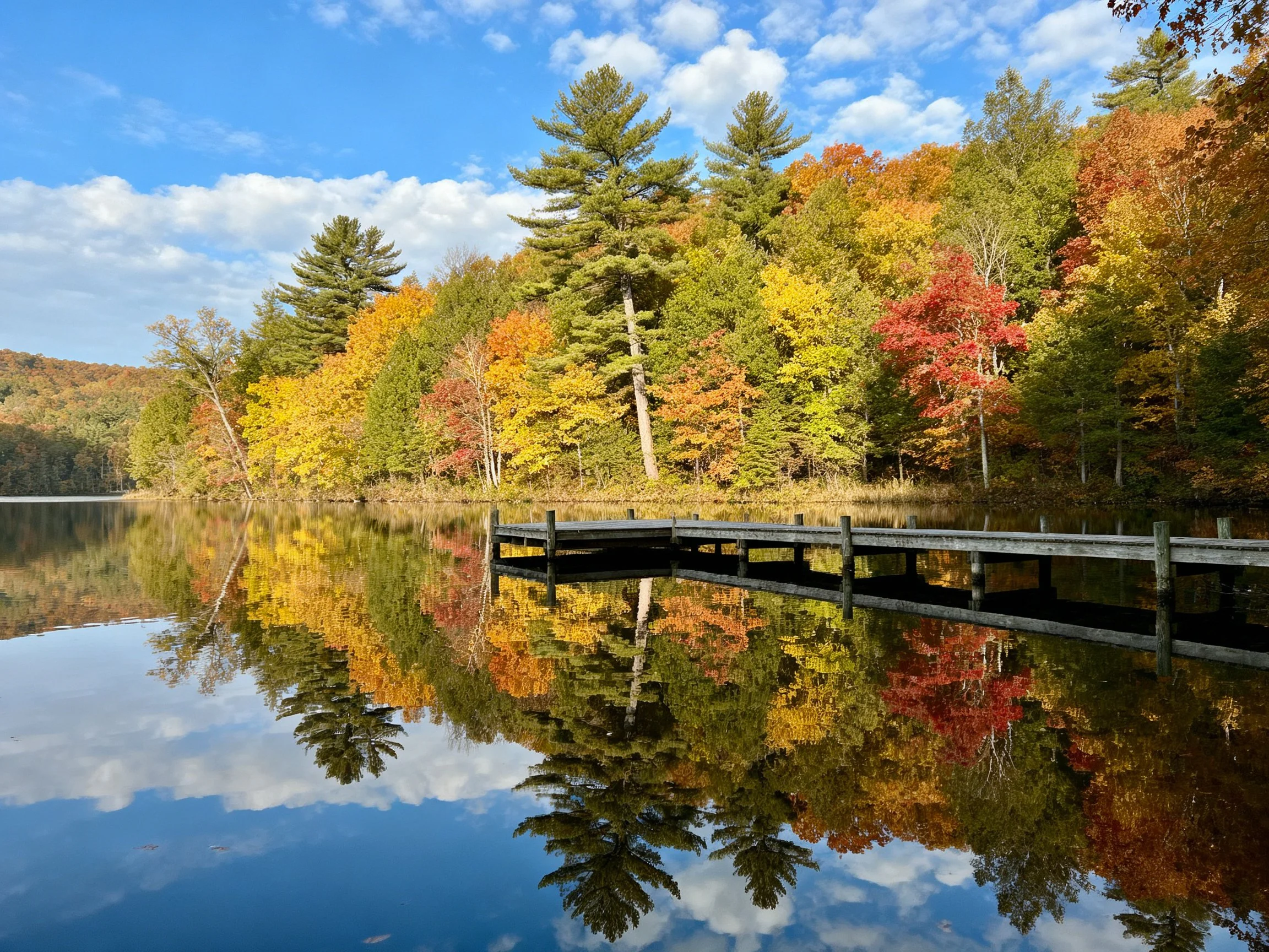 A tranquil lake reflecting vibrant fall forest and wooden dock