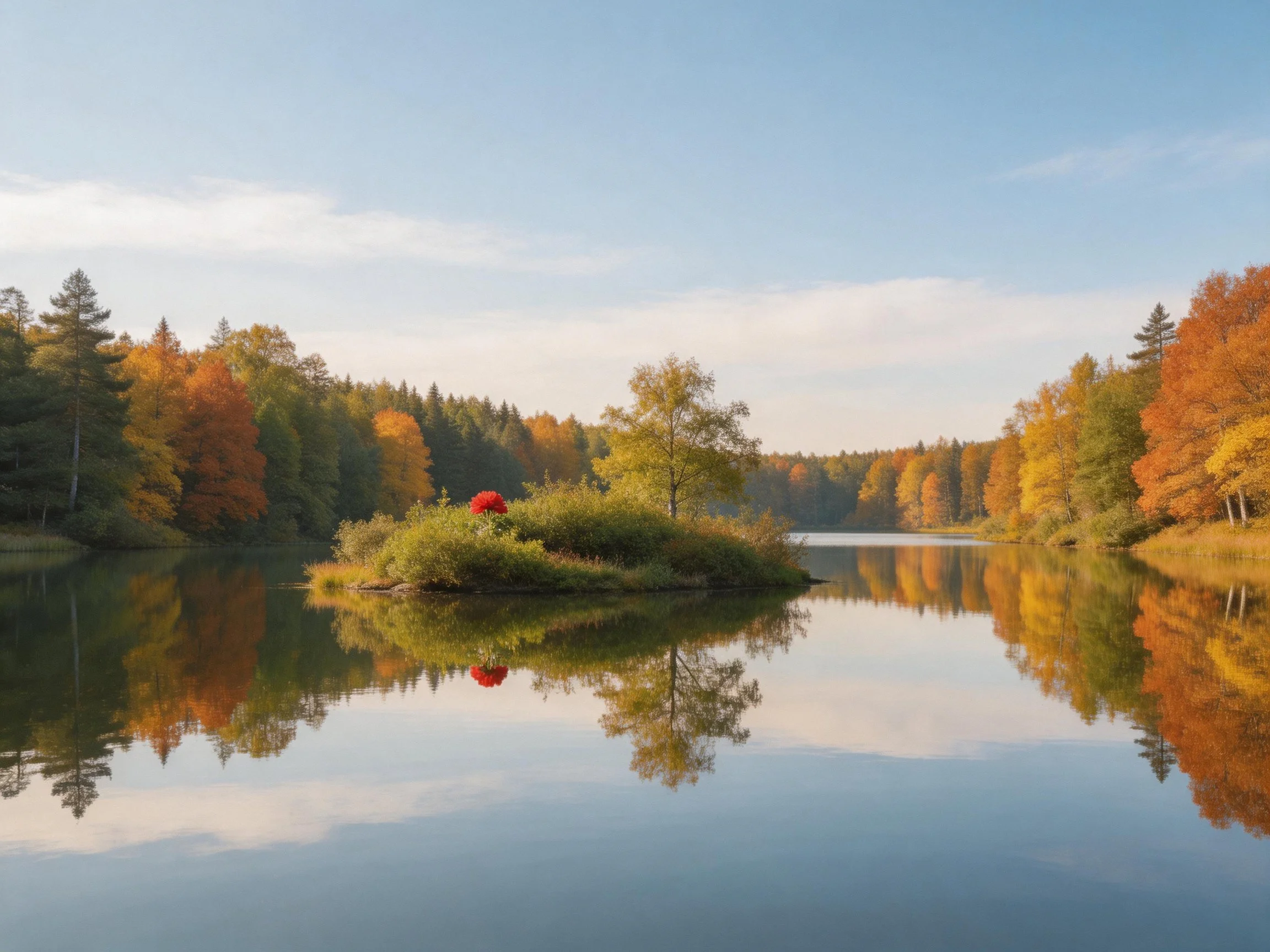 A tranquil lake reflects autumn forest and small island