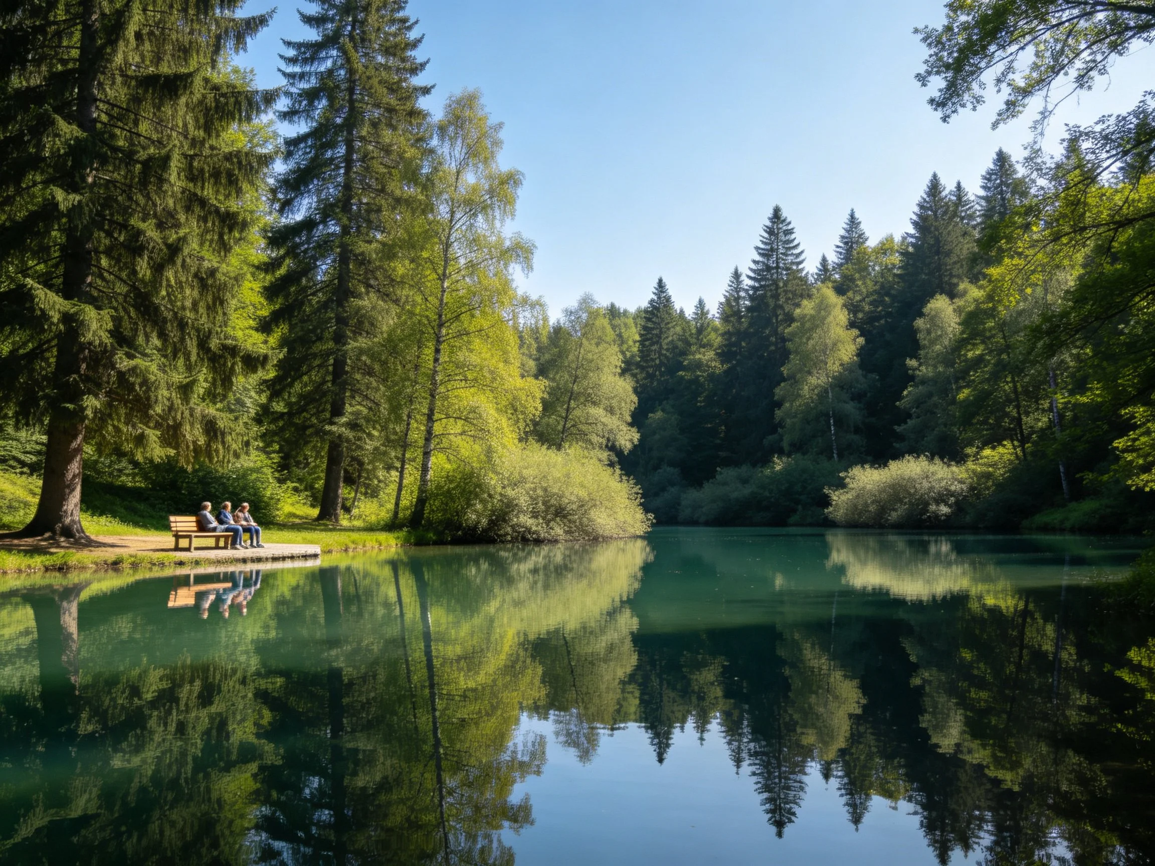 A tranquil lake reflects dense forest with people on a bench
