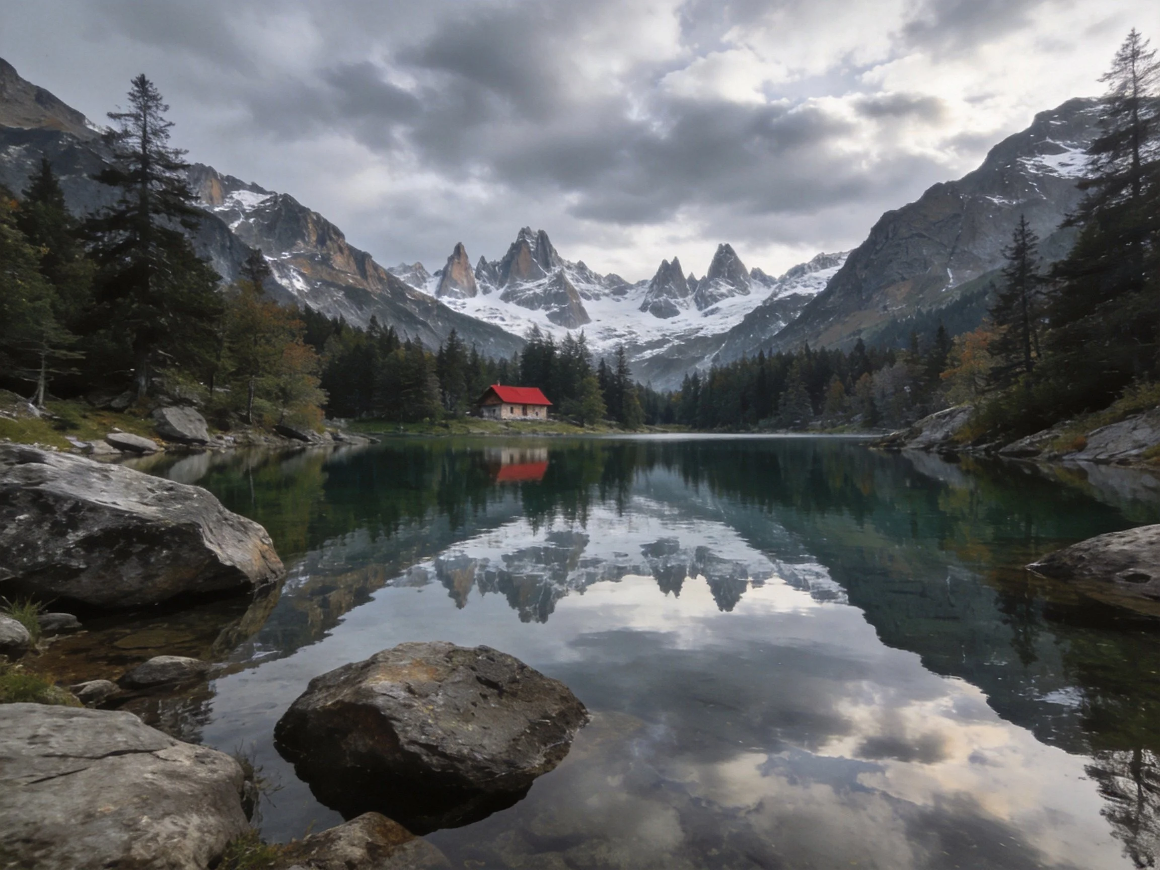 A tranquil lake reflects snow-capped peaks and a red-roofed cabin