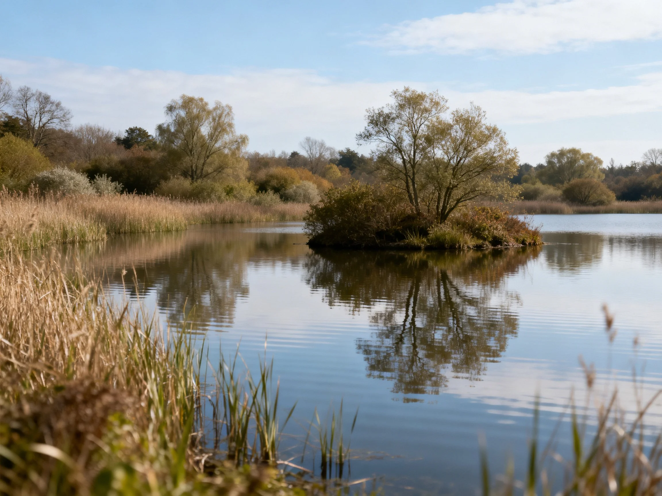 A tranquil lake with a central tree-covered island, golden reeds, and calm waters