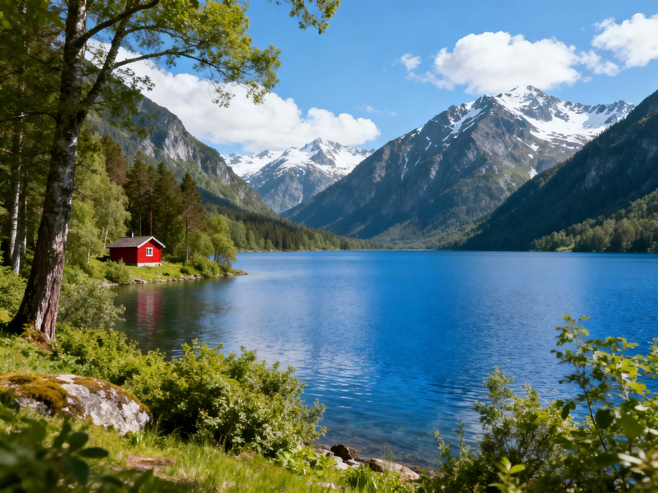 A tranquil lake with a red cabin, lush forests, and snow-capped mountains
