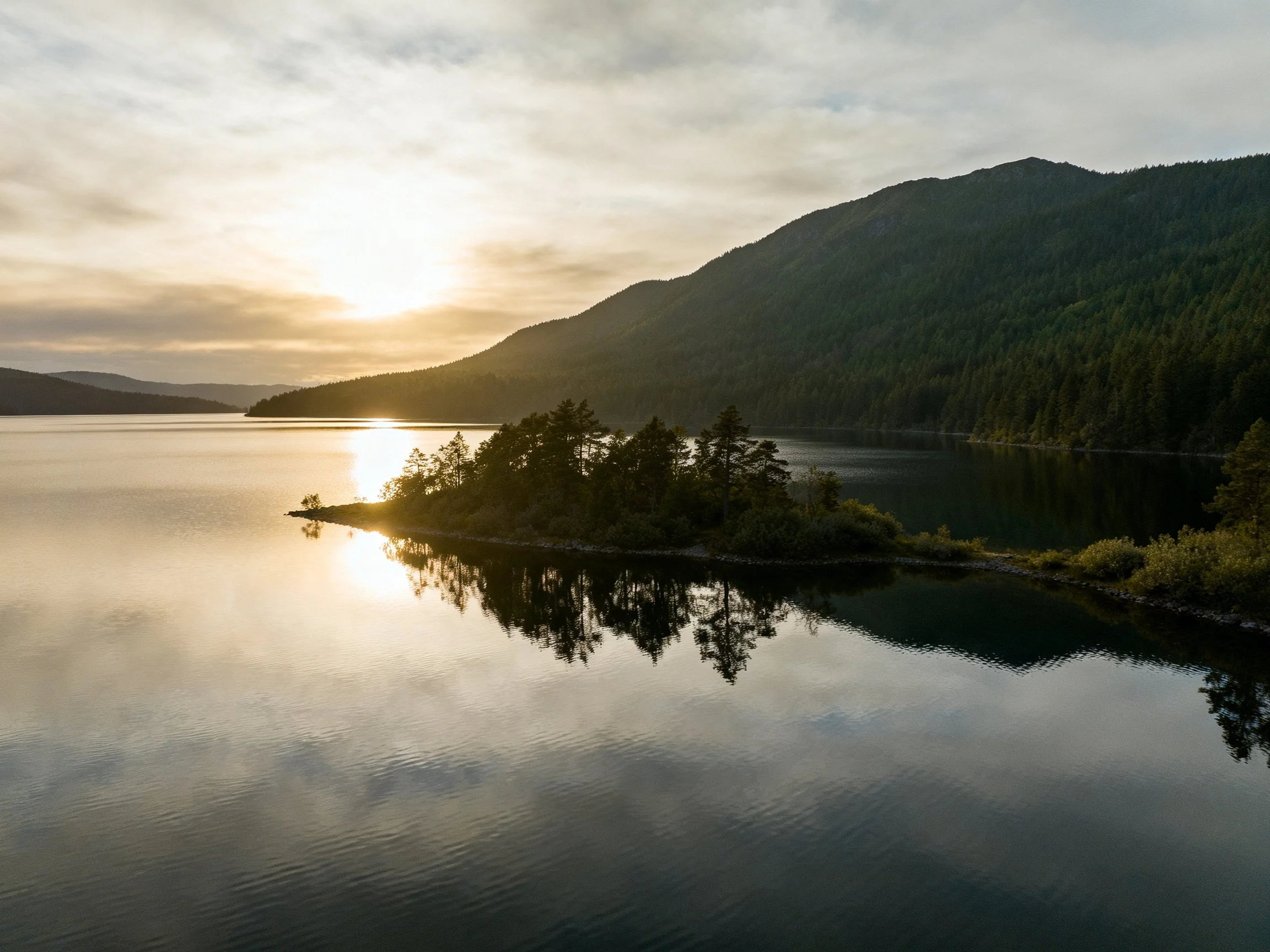 A tranquil lake with forested island, mountains, and golden sunset reflection