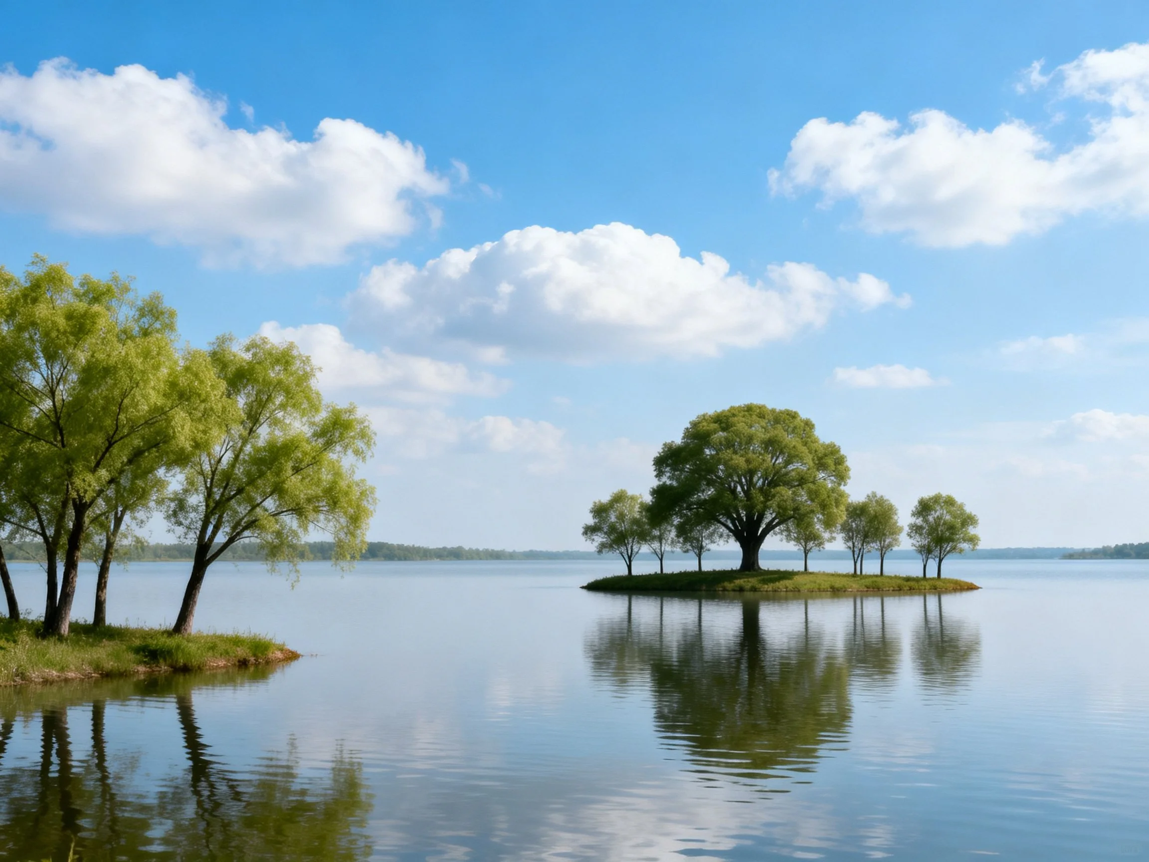 A tranquil lake with green trees on small islands under bright blue sky