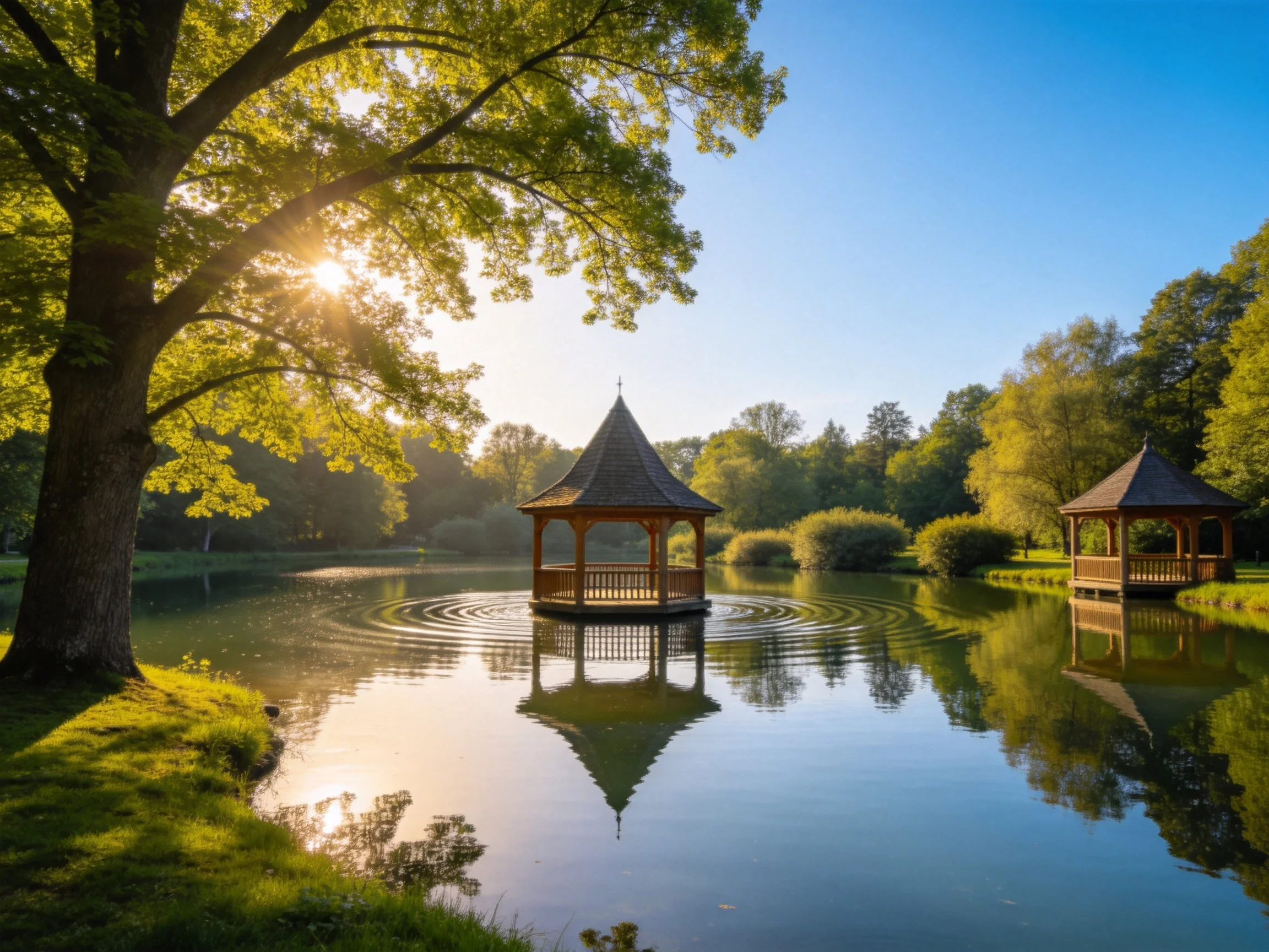 A tranquil lake with two wooden gazebos surrounded by lush greenery