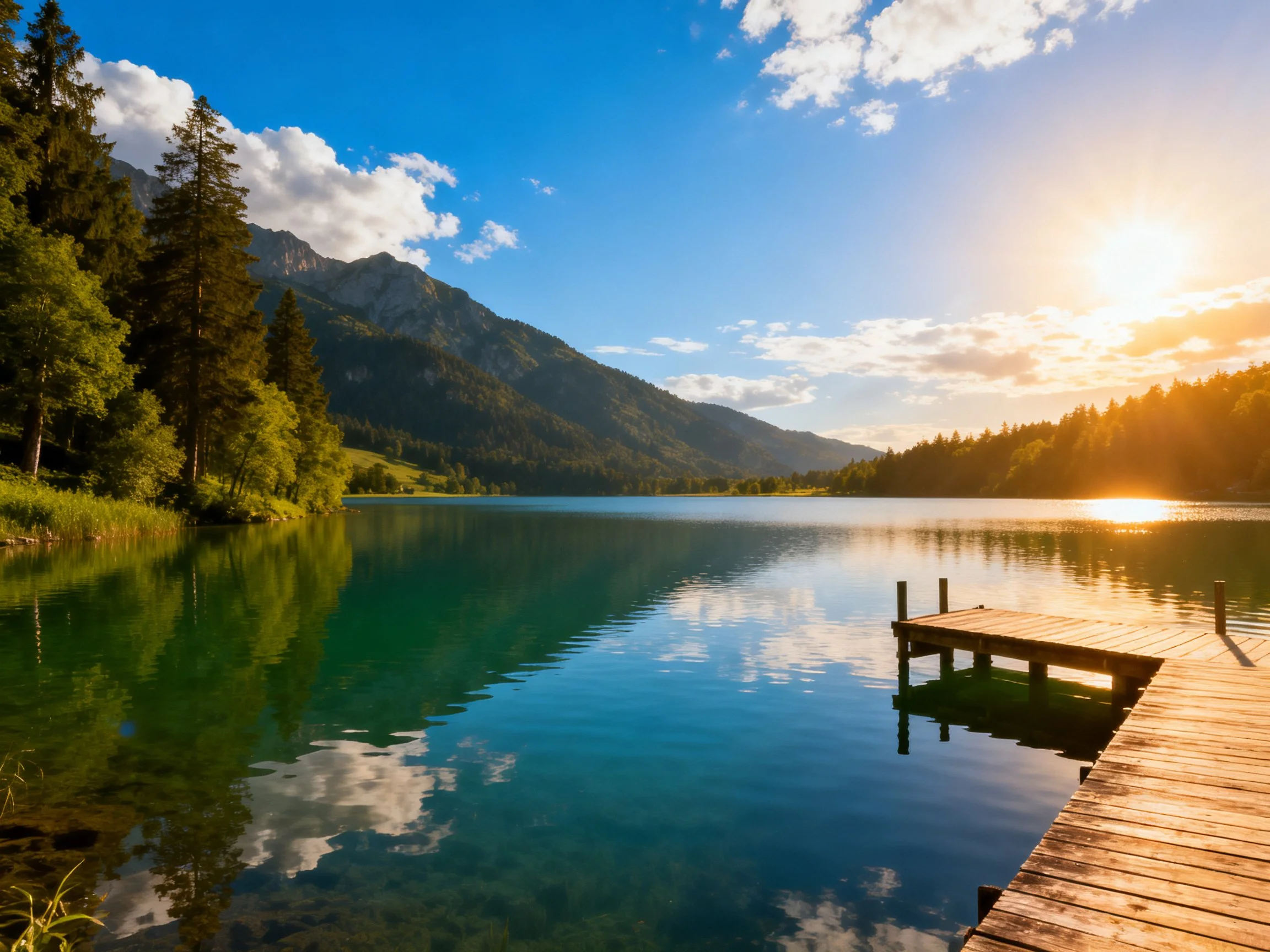 A tranquil lake with wooden dock reflects forested mountains under golden sunlight