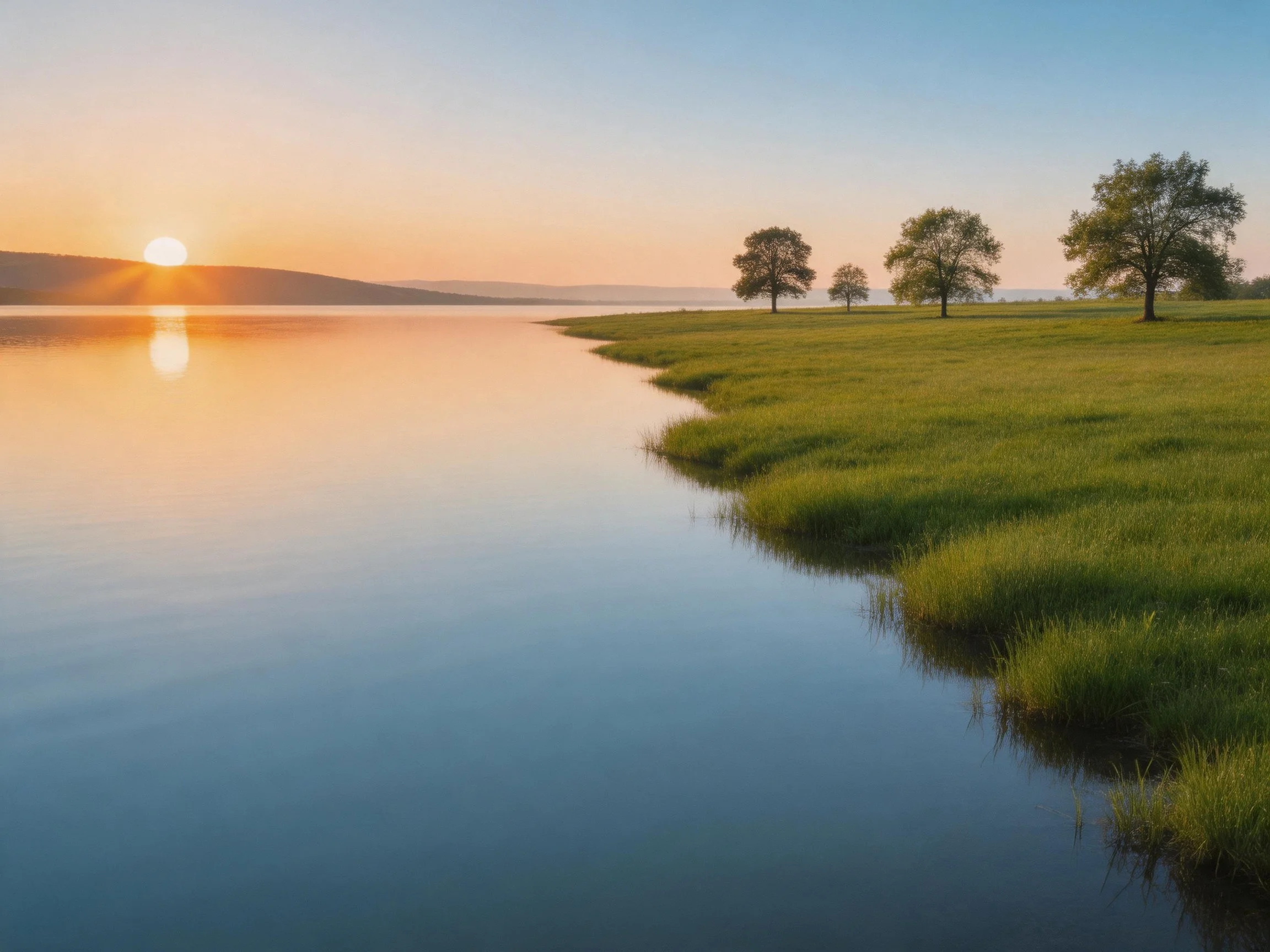 A tranquil lakeside scene with lush greenery and four trees at sunrise
