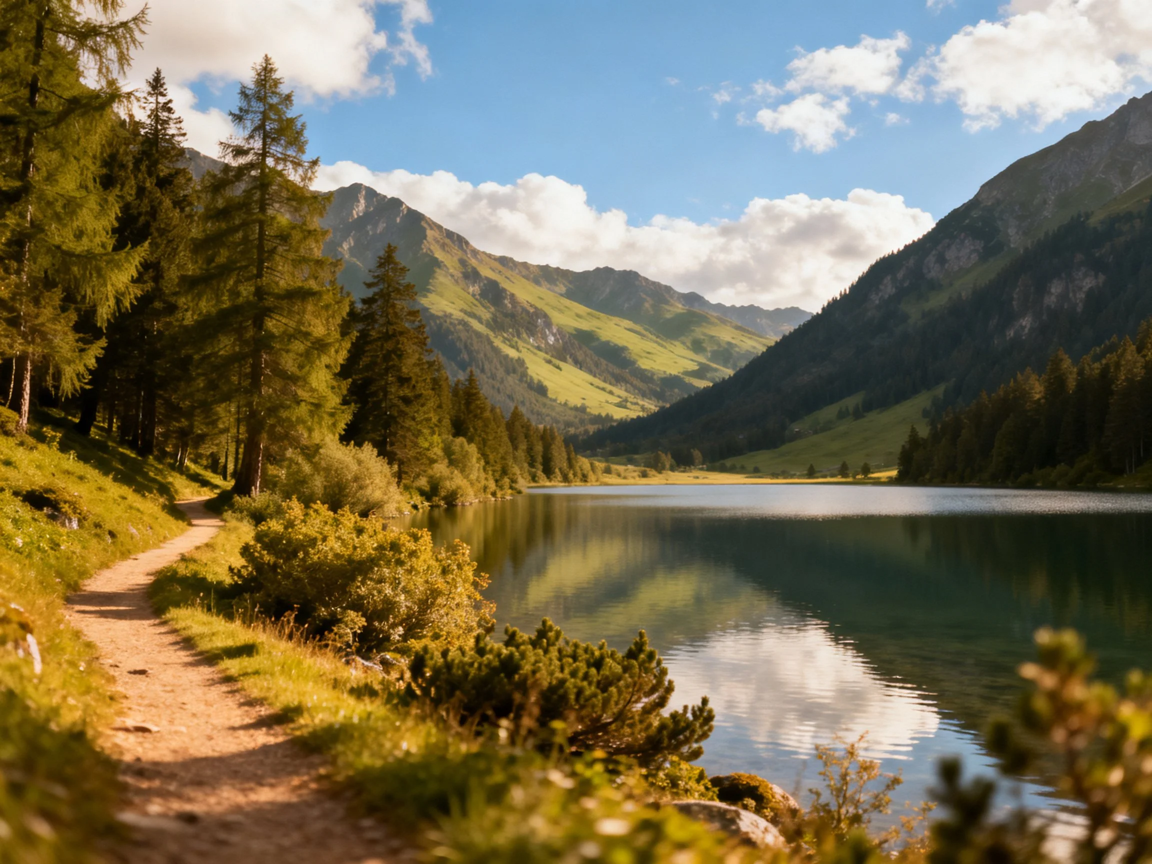 A tranquil mountain lake with forested paths and green hills