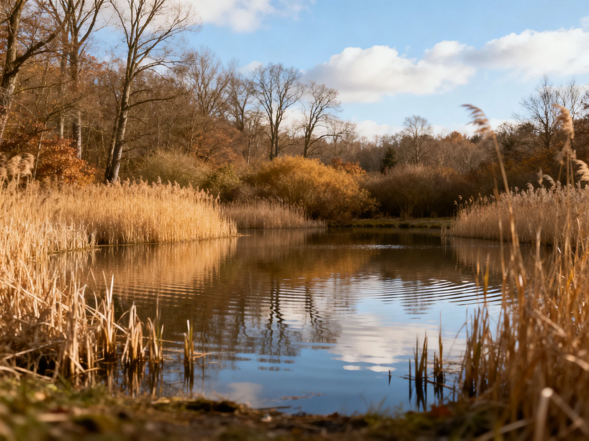 A tranquil pond bordered by golden reeds and autumnal trees