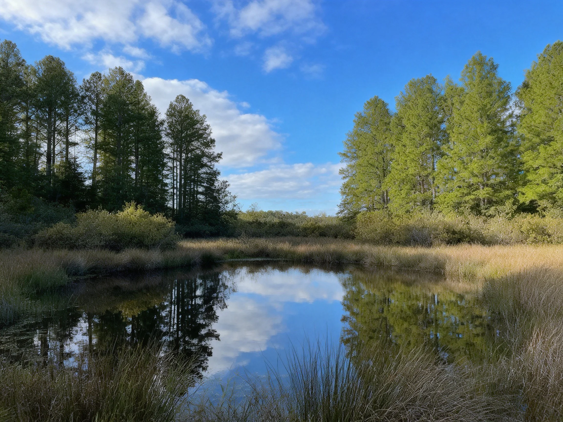 A tranquil pond reflects tall evergreen trees and clear blue sky