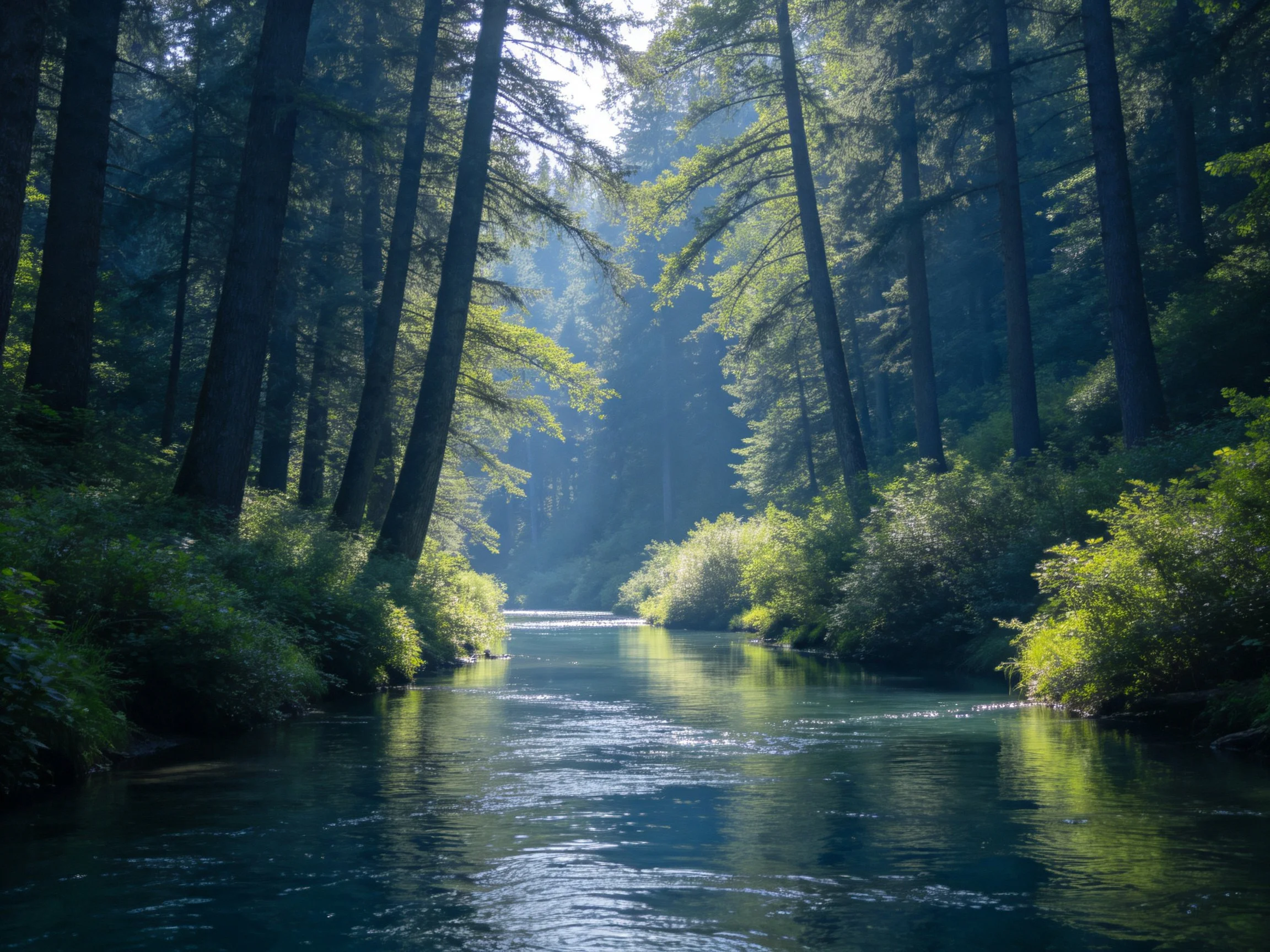 A tranquil river flows between towering evergreen forests