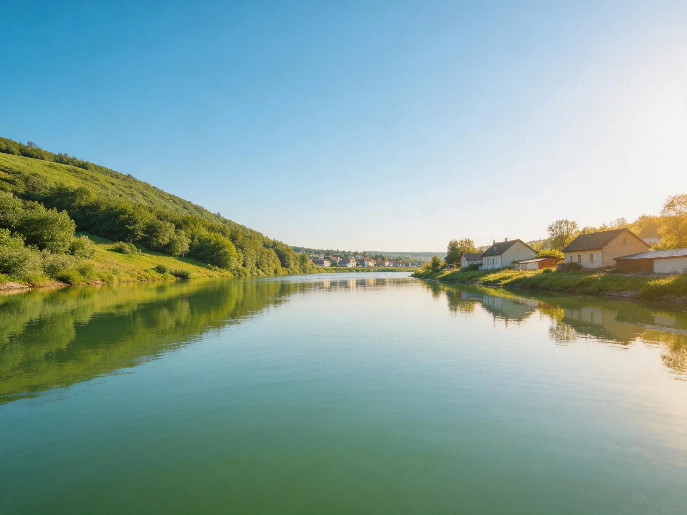 A tranquil river reflects lush green hills and cozy homes under bright blue sky