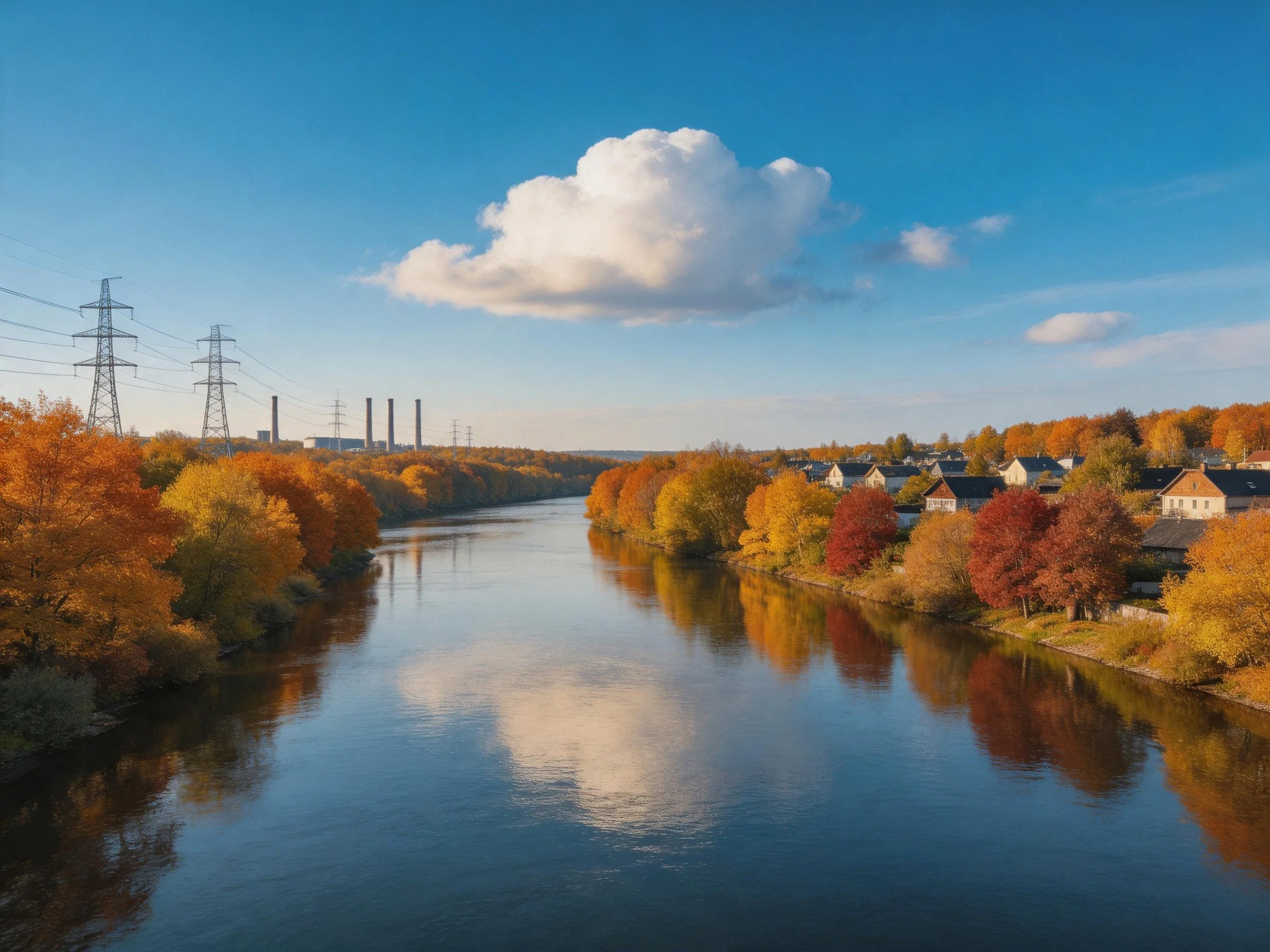 A tranquil river reflects vibrant fall trees and suburban homes