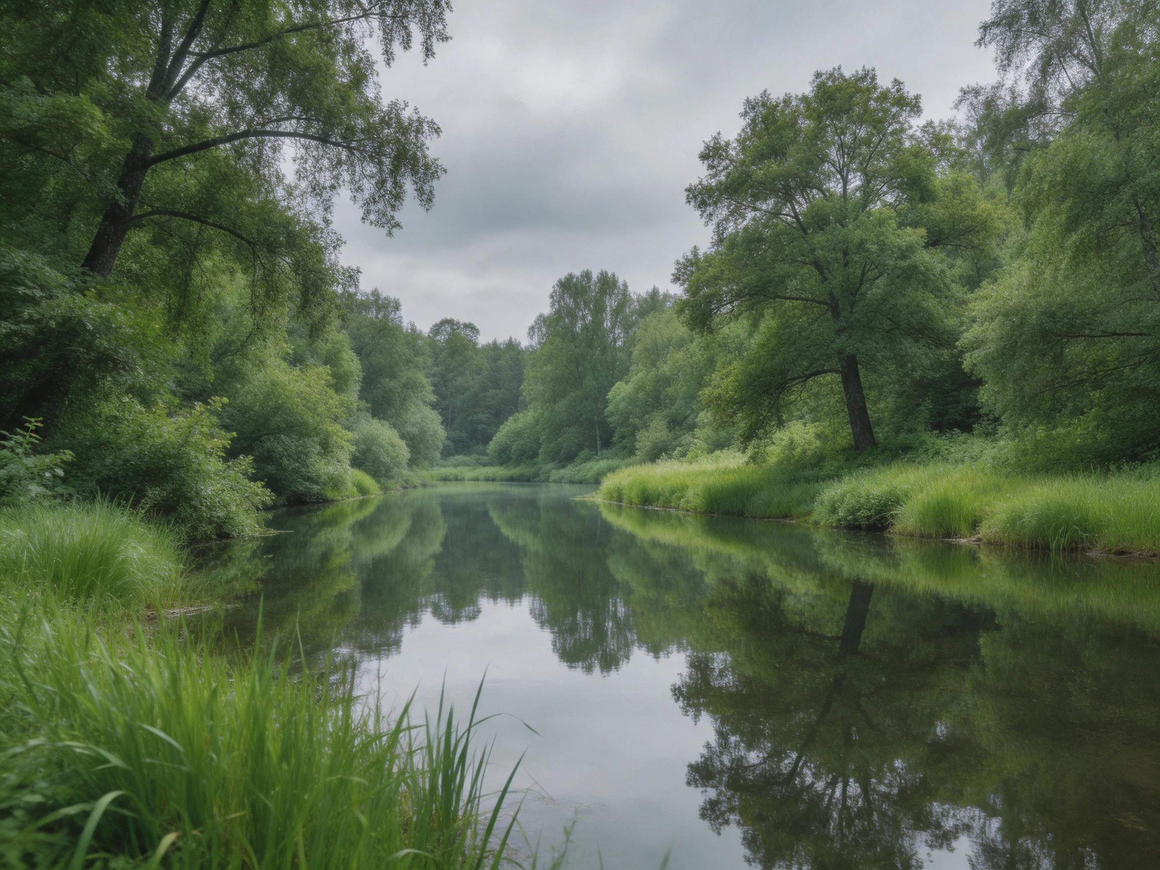 A tranquil river surrounded by lush green trees under a gray sky