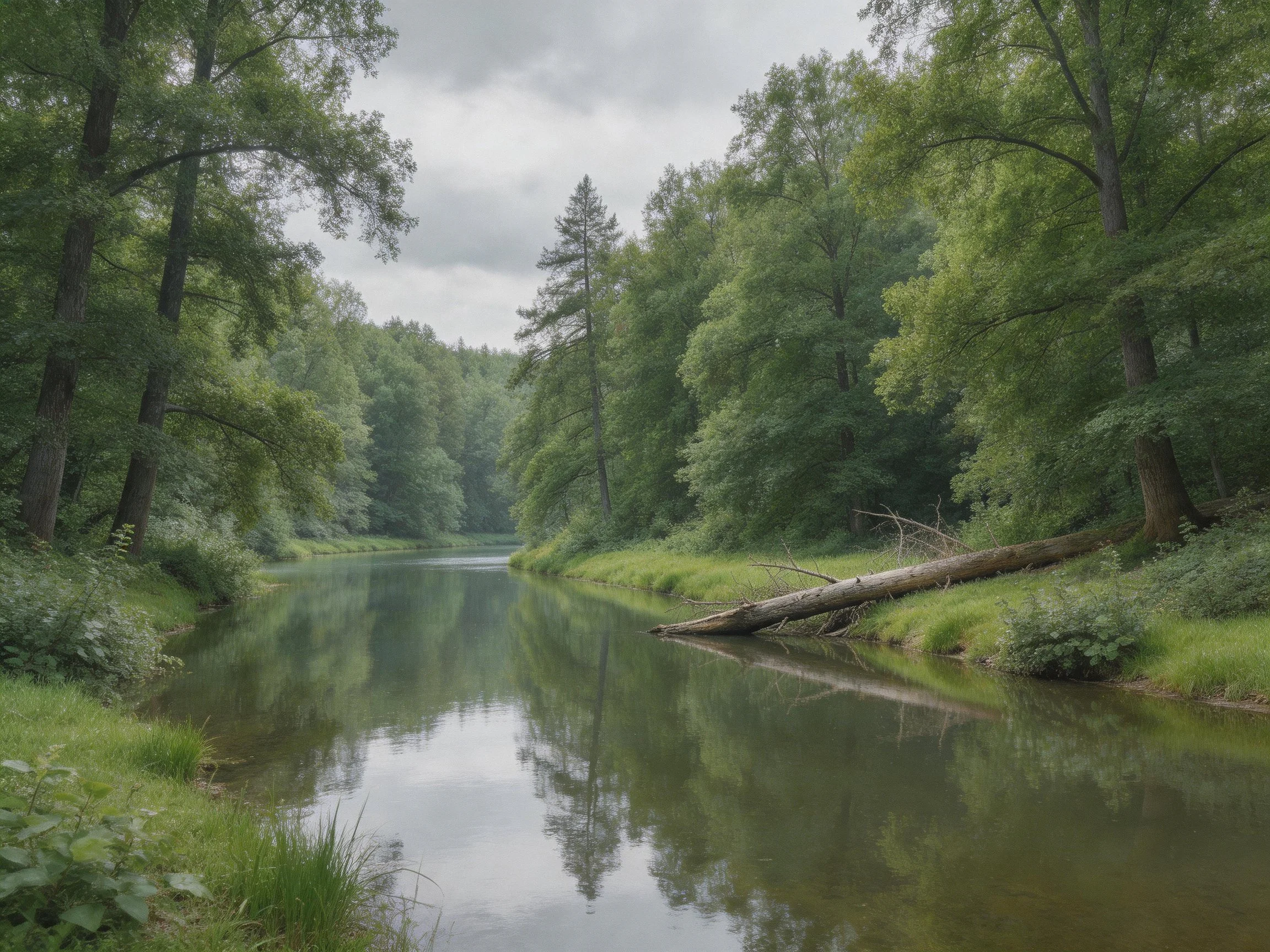 A tranquil river winds through dense green forestedlandscapes