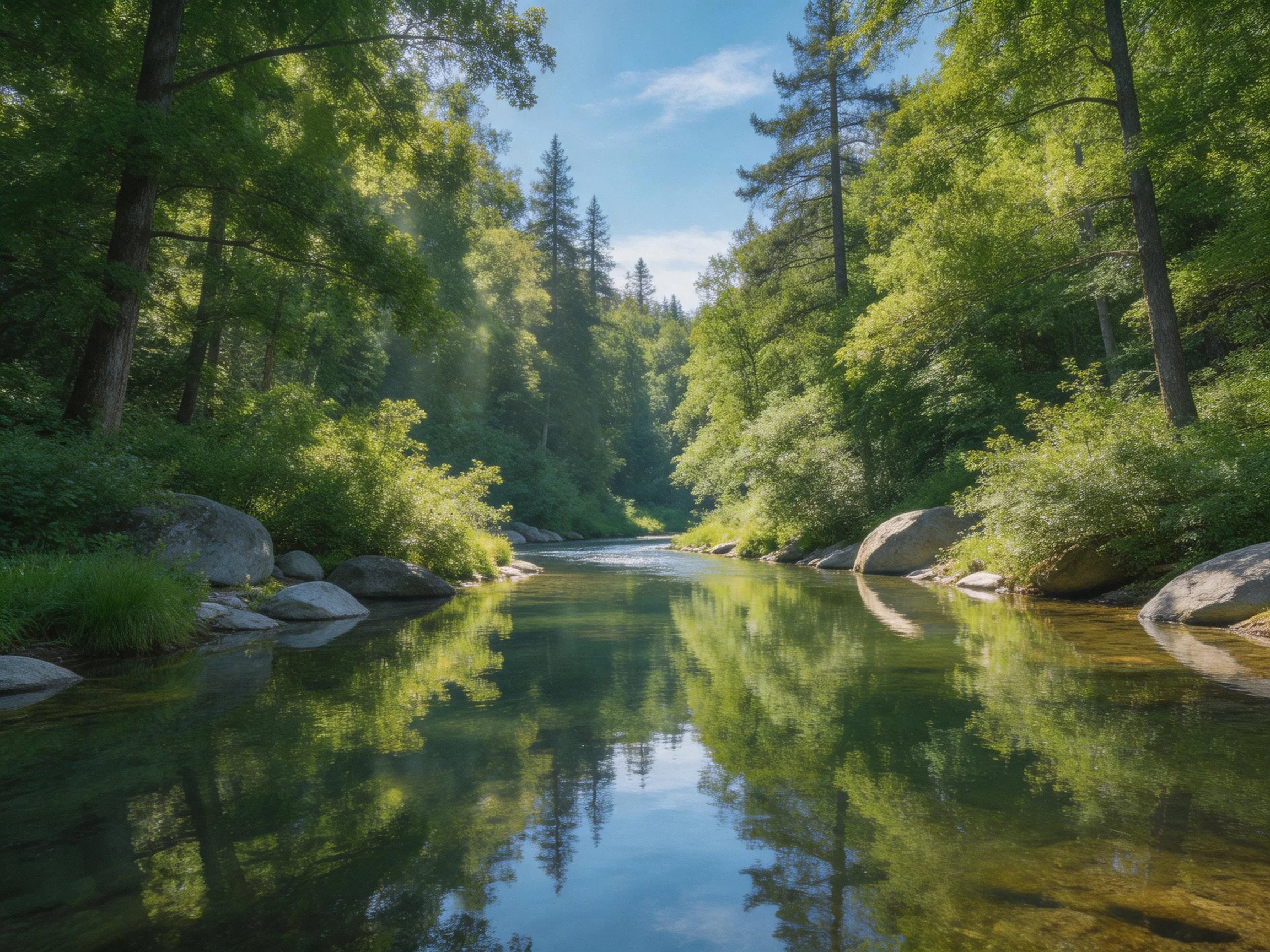 A tranquil river winds through dense green forests with large rocks