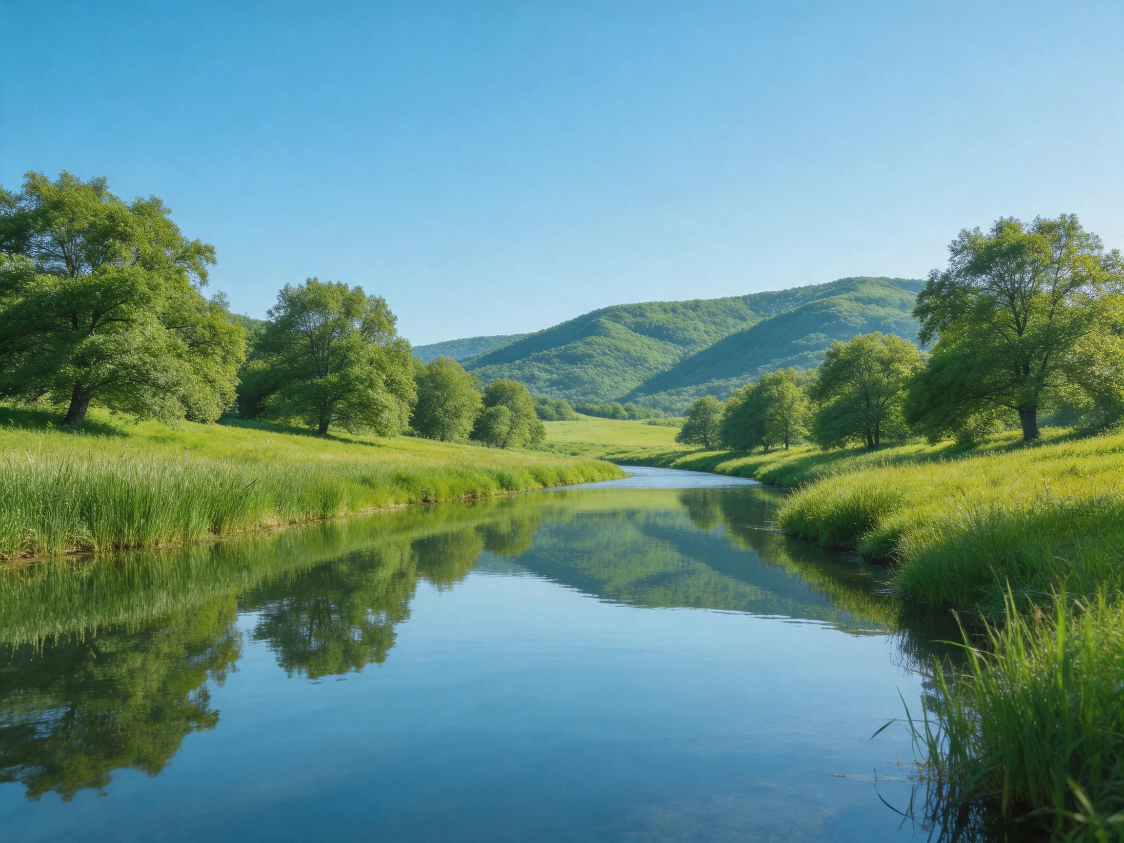 A tranquil river winds through lush green fields and rolling hills.